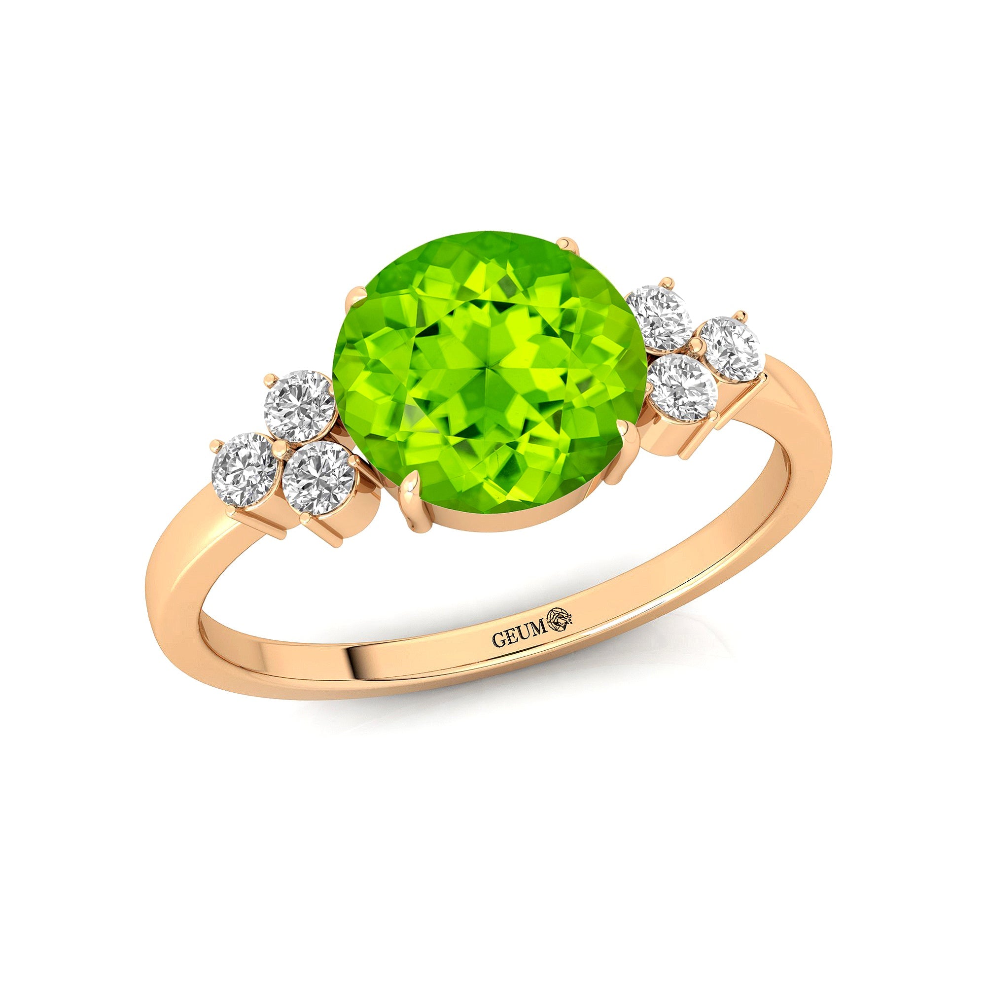 Trio Diamond Engagement Ring with Round Solitaire Peridot - GeumJewels