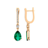 Lever Back Diamond Drop Earrings with Pear Cut Emerald - GeumJewels