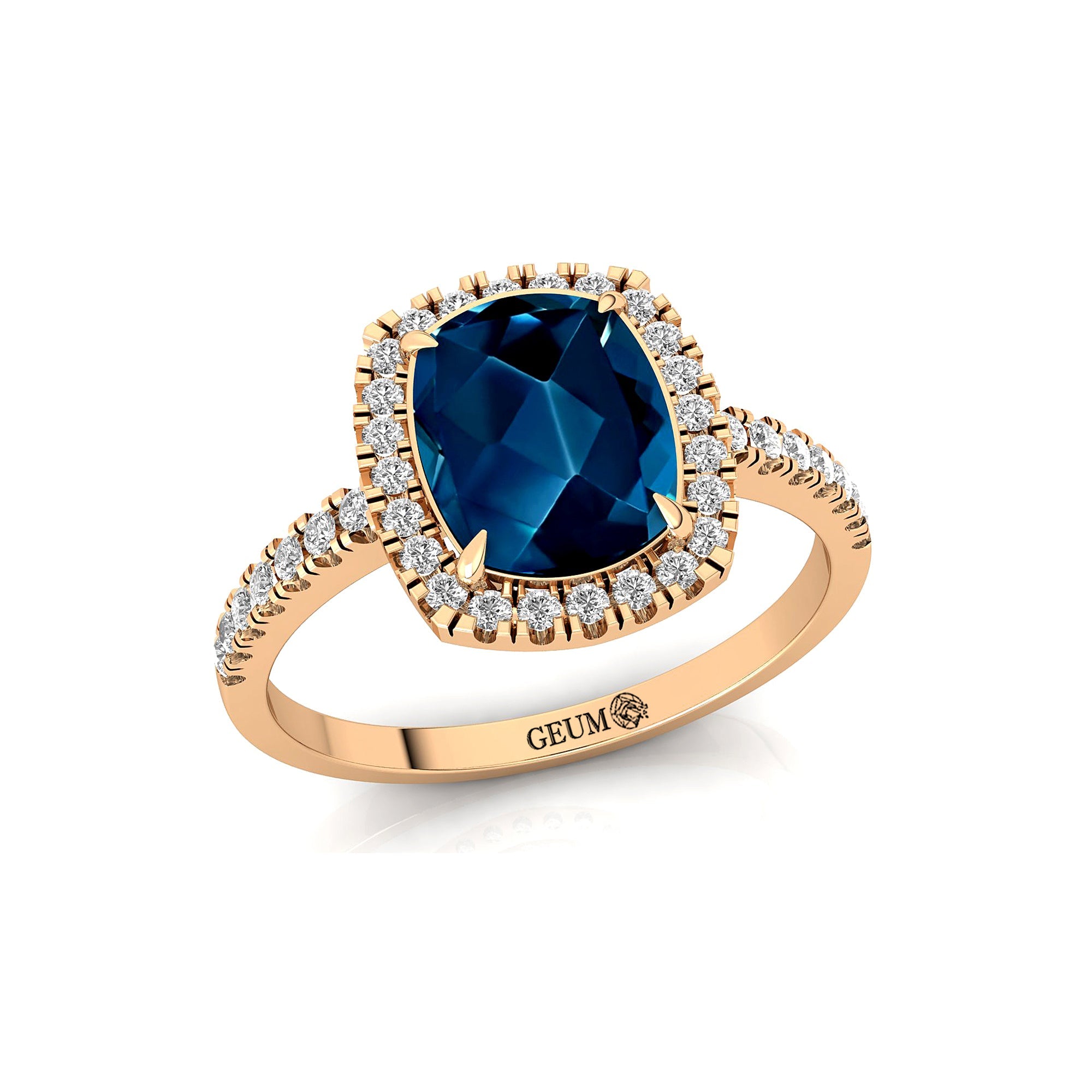 Elongated Cushion Halo Set London Blue Topaz Engagement Ring with Diamond Band - GeumJewels