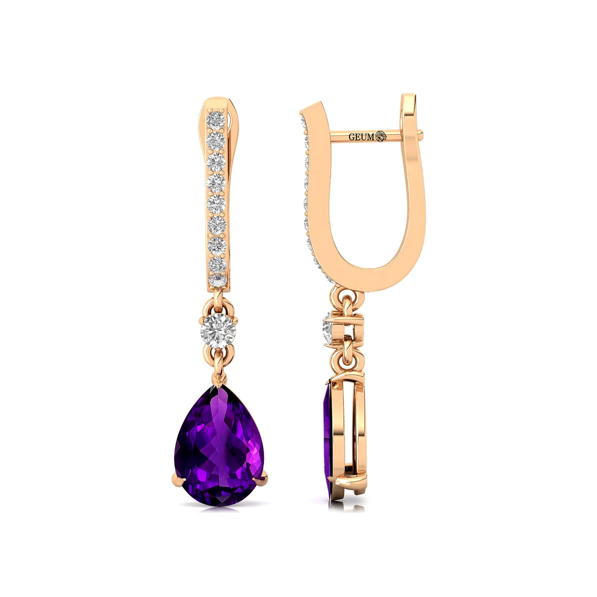 Lever Back Diamond Drop Earrings with Pear Cut Amethsyt - GeumJewels