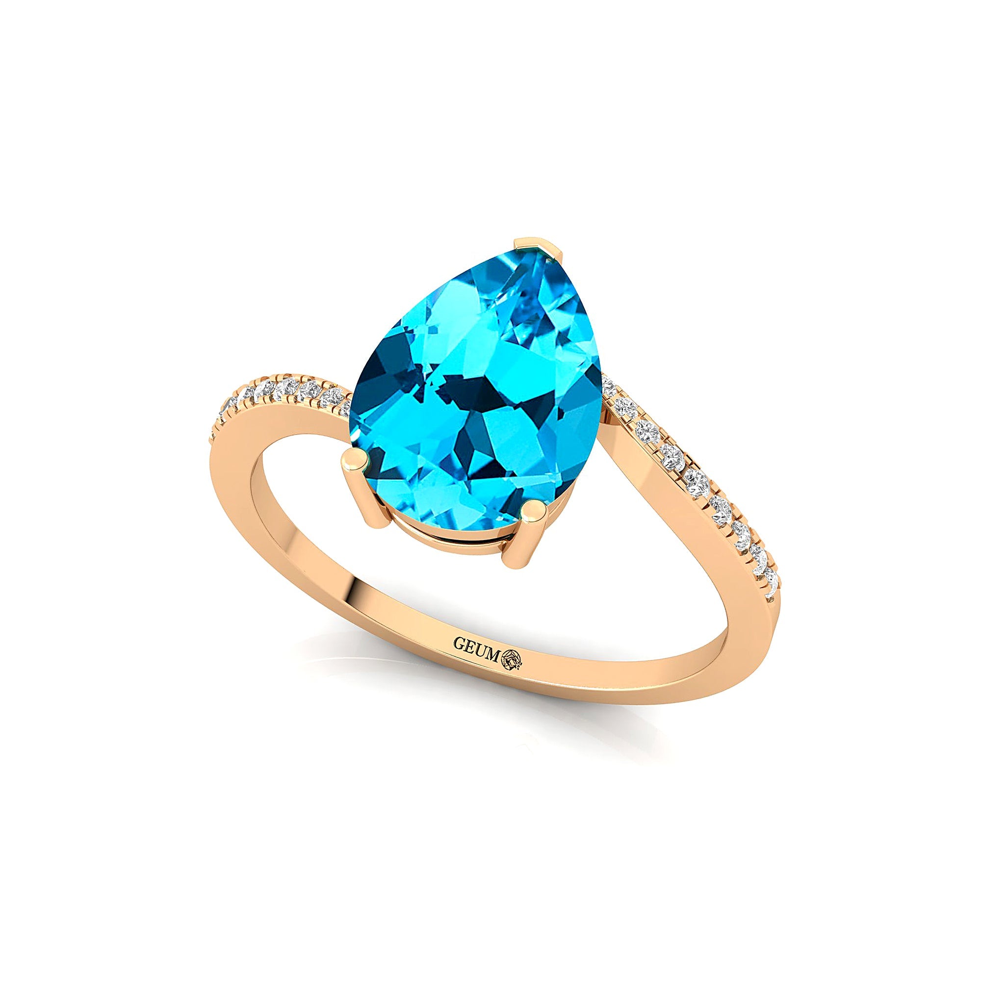 Twisted Up Down Band Pear Shaped Swiss Blue Topaz Ring with Accent Diamonds - GeumJewels