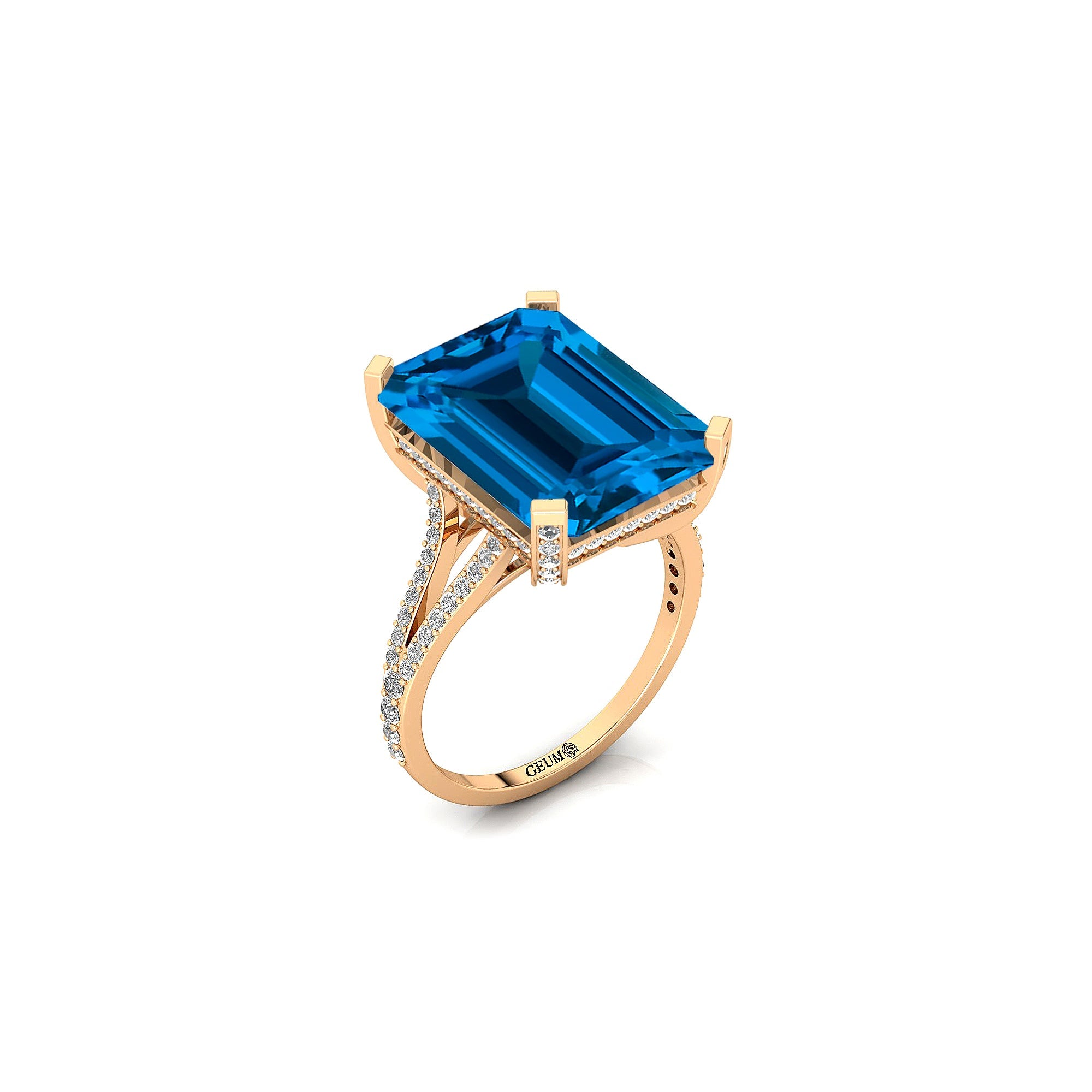 Emerald Cut London Blue Topaz Split Shank Engagement Ring with Diamonds - GeumJewels