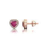 Heart Shaped Pink Sapphire Halo Diamond Stud Earrings - GeumJewels
