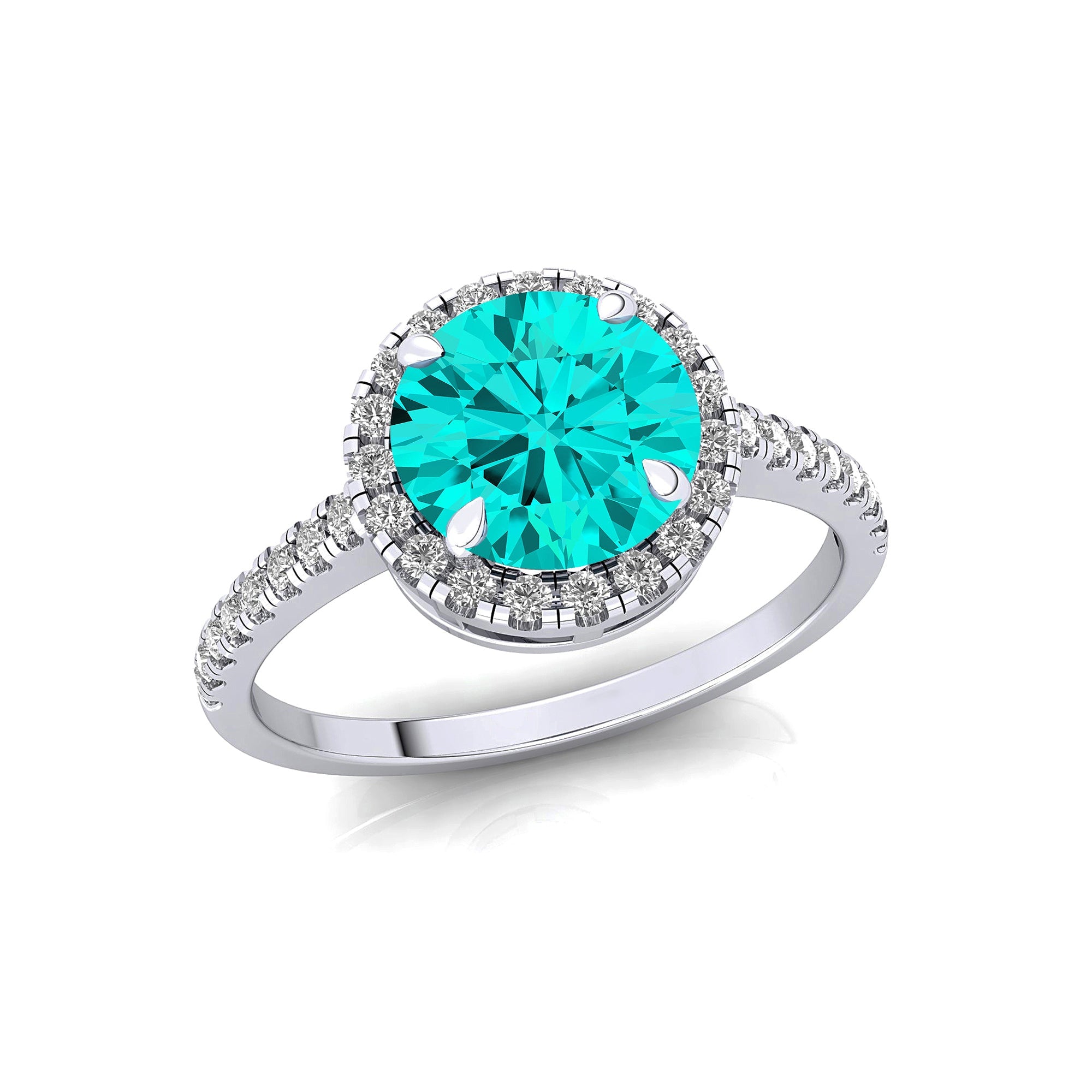 Classic Round Halo Diamonds with Solitaire Paraiba Tourmaline Engagement Ring - GeumJewels