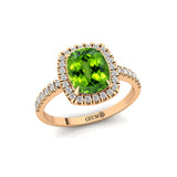 Elongated Cushion Halo Set Peridot Engagement Ring with Diamond Band - GeumJewels