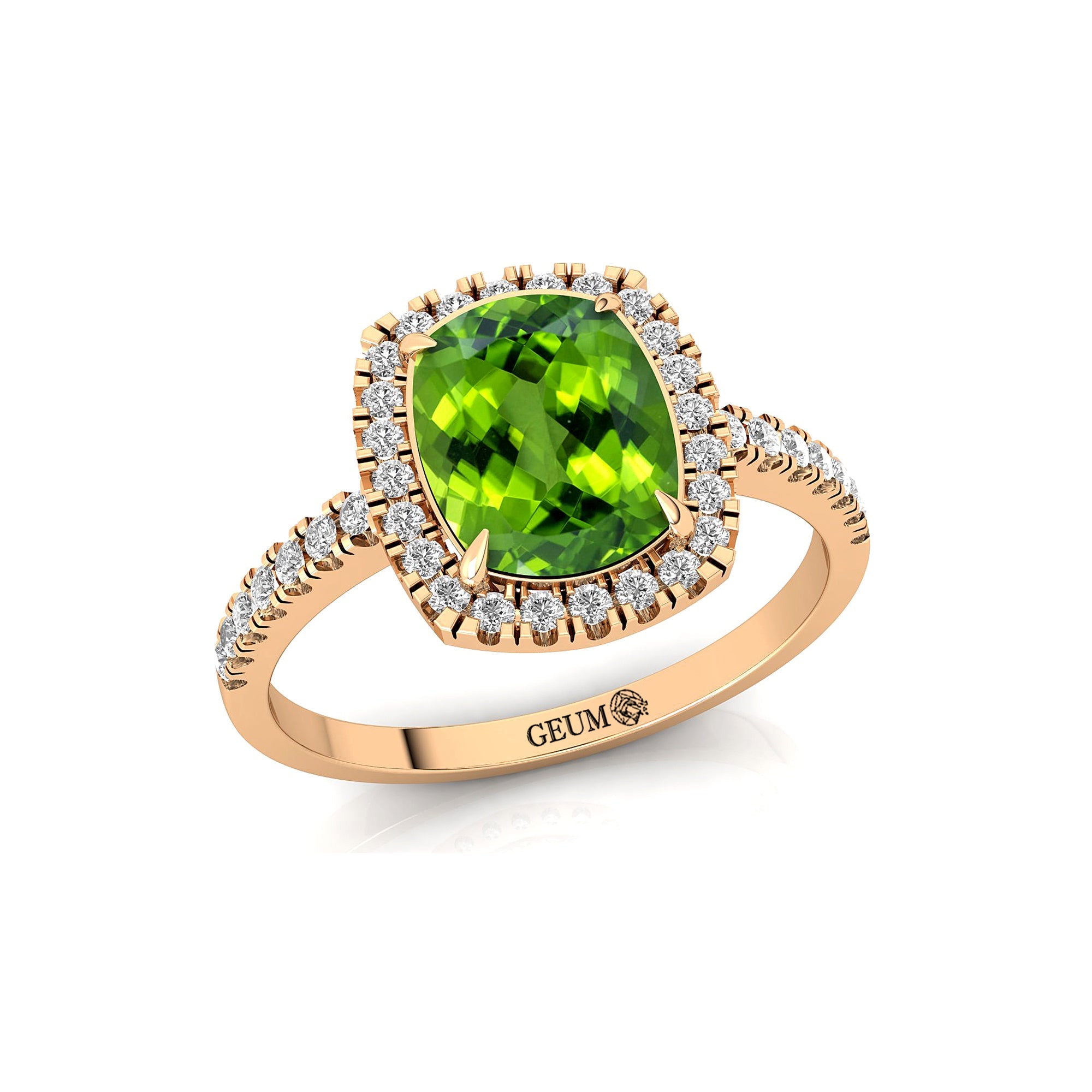 Elongated Cushion Halo Set Peridot Engagement Ring with Diamond Band - GeumJewels