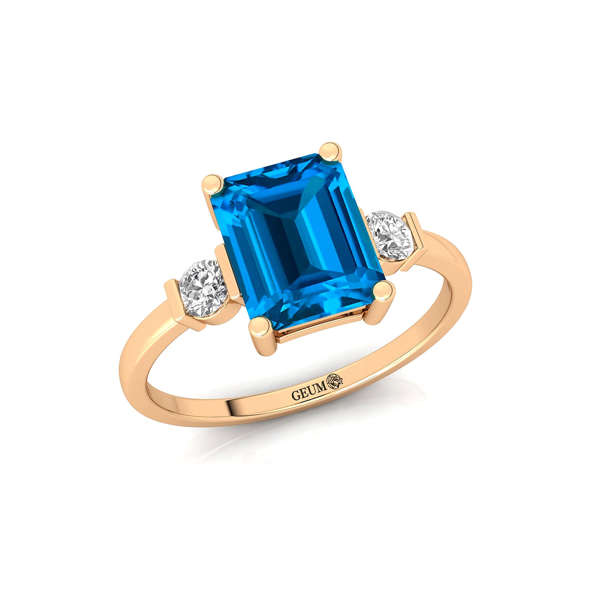Emerald Cut Swiss Blue Topaz and Diamond Three Stone Ring - GeumJewels