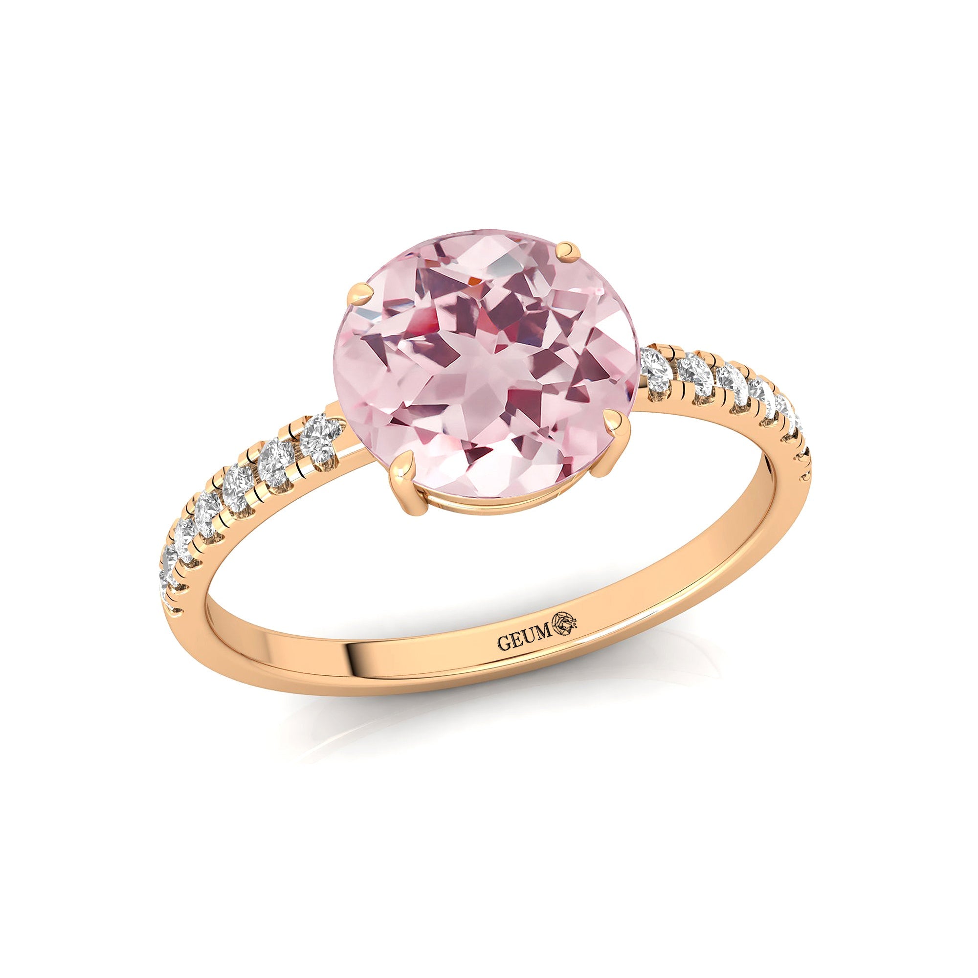 Classic Six Prong Round Solitaire Morganite Ring with Accent Diamond Band - GeumJewels