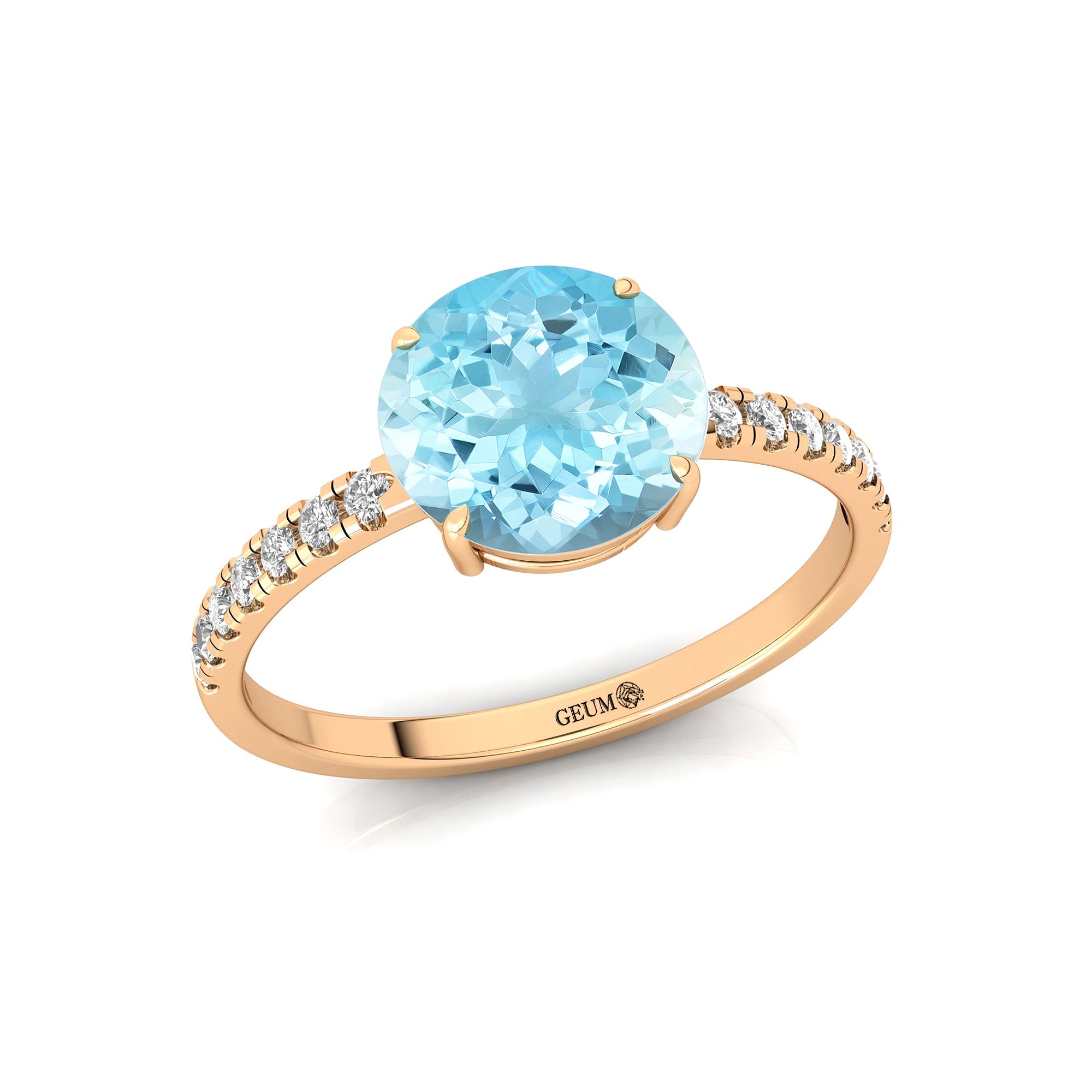 Classic Six Prong Round Solitaire Aquamarine Ring with Accent Diamond Band - GeumJewels