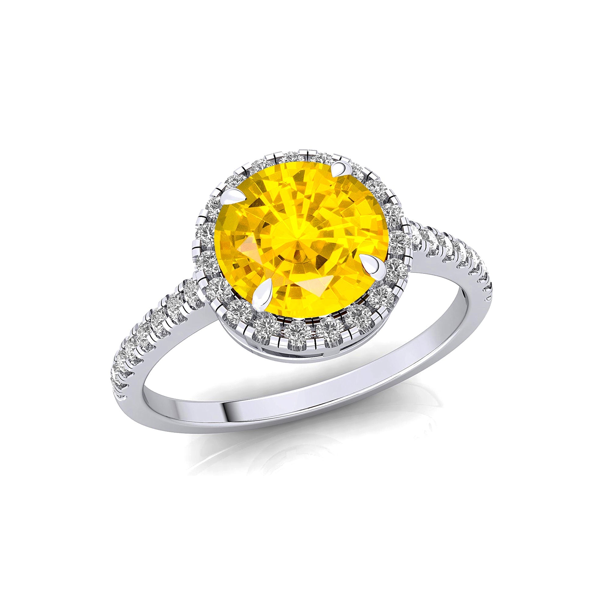 Classic Round Halo Diamonds with Solitaire Yellow Sapphire Engagement Ring - GeumJewels