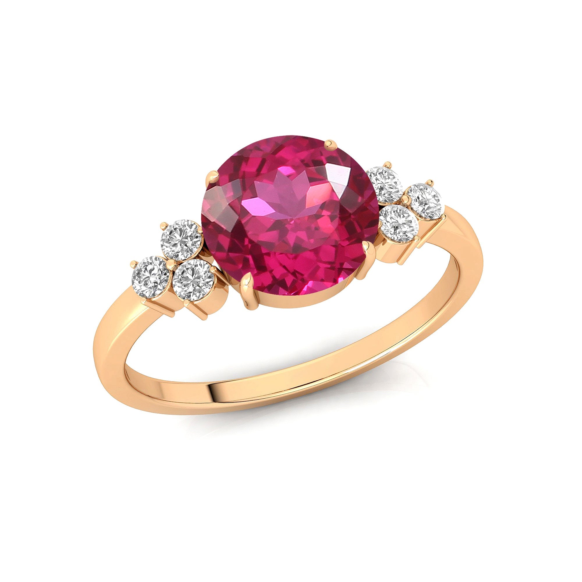 Trio Diamond Engagement Ring with Round Solitaire Pink Sapphire - GeumJewels