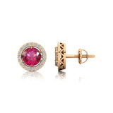 Round Solitaire Pink Sapphire Halo Diamond Stud Earrings - GeumJewels