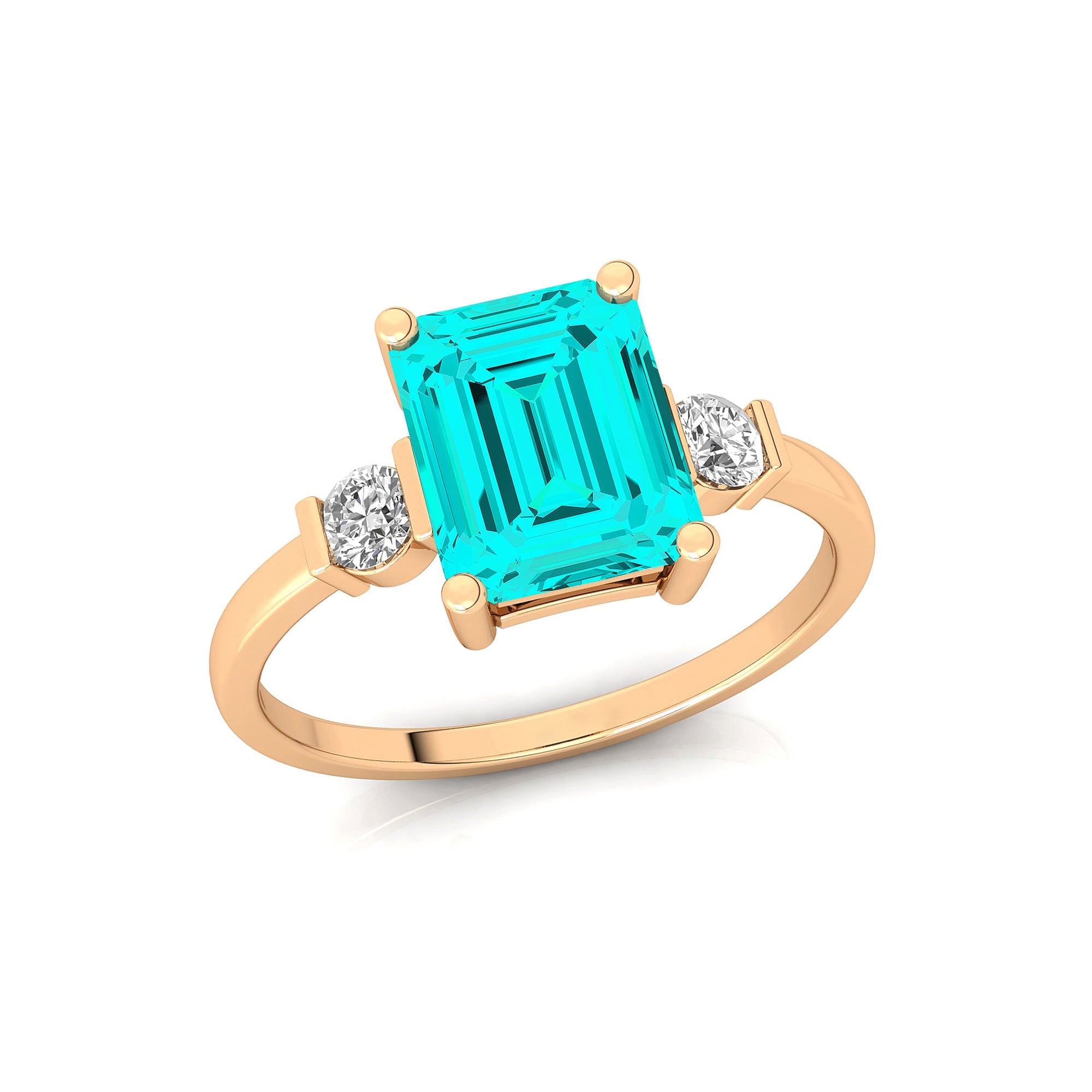 Emerald Cut Paraiba Tourmaline and Diamond Three Stone Ring - GeumJewels