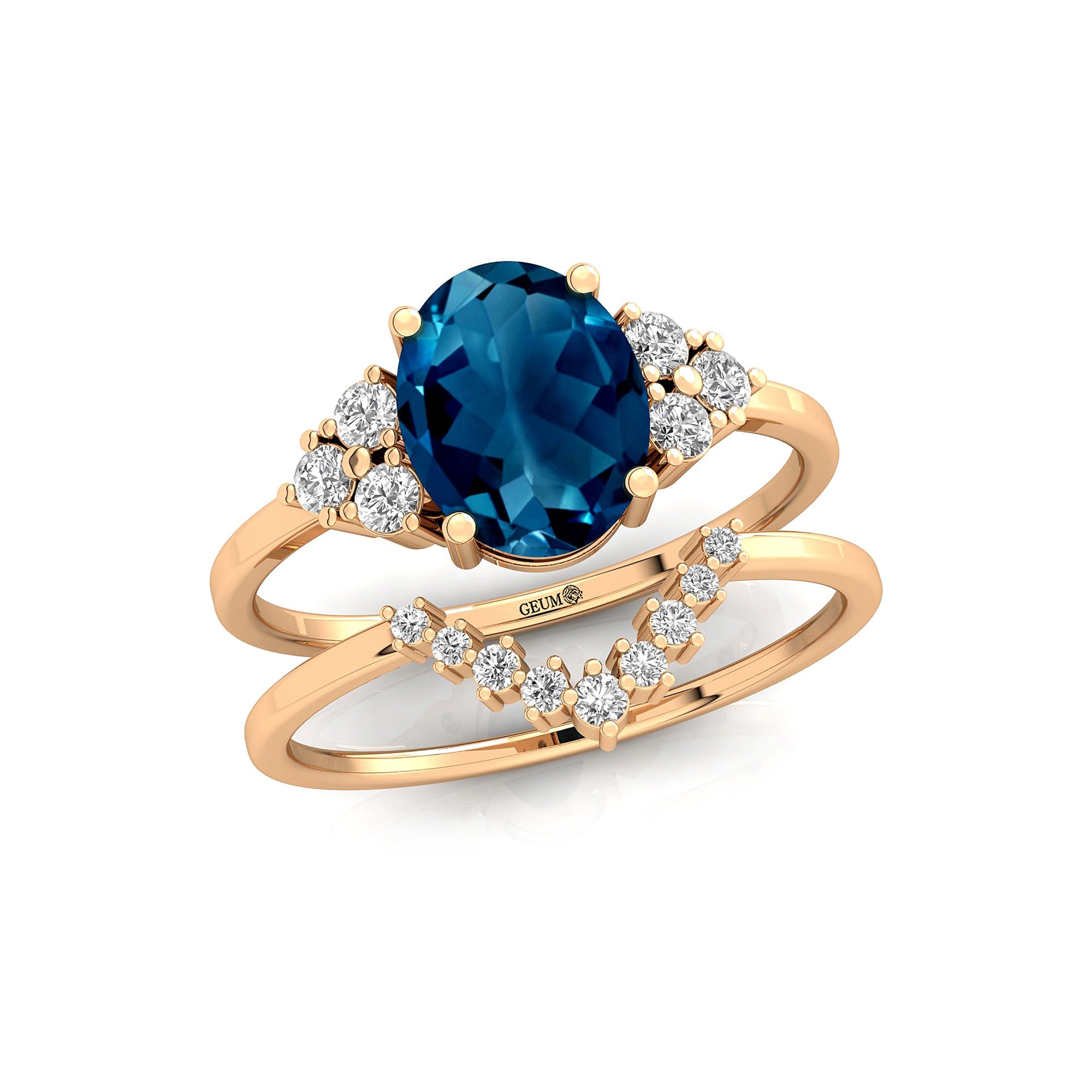 London Blue Topaz Gold Ring With Stackable Diamond Band - GeumJewels