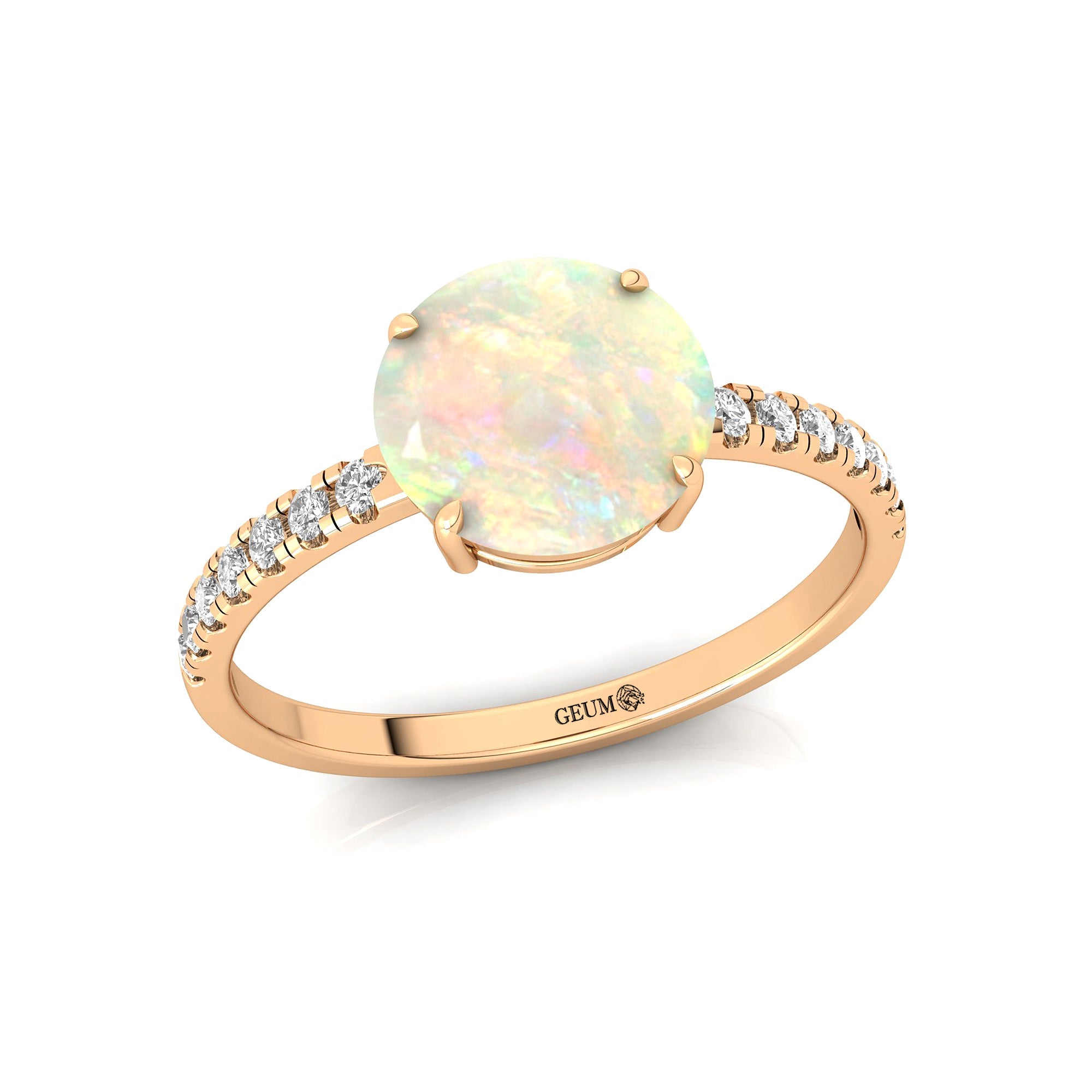 Classic Six Prong Round Solitaire Opal Ring with Accent Diamond Band - GeumJewels
