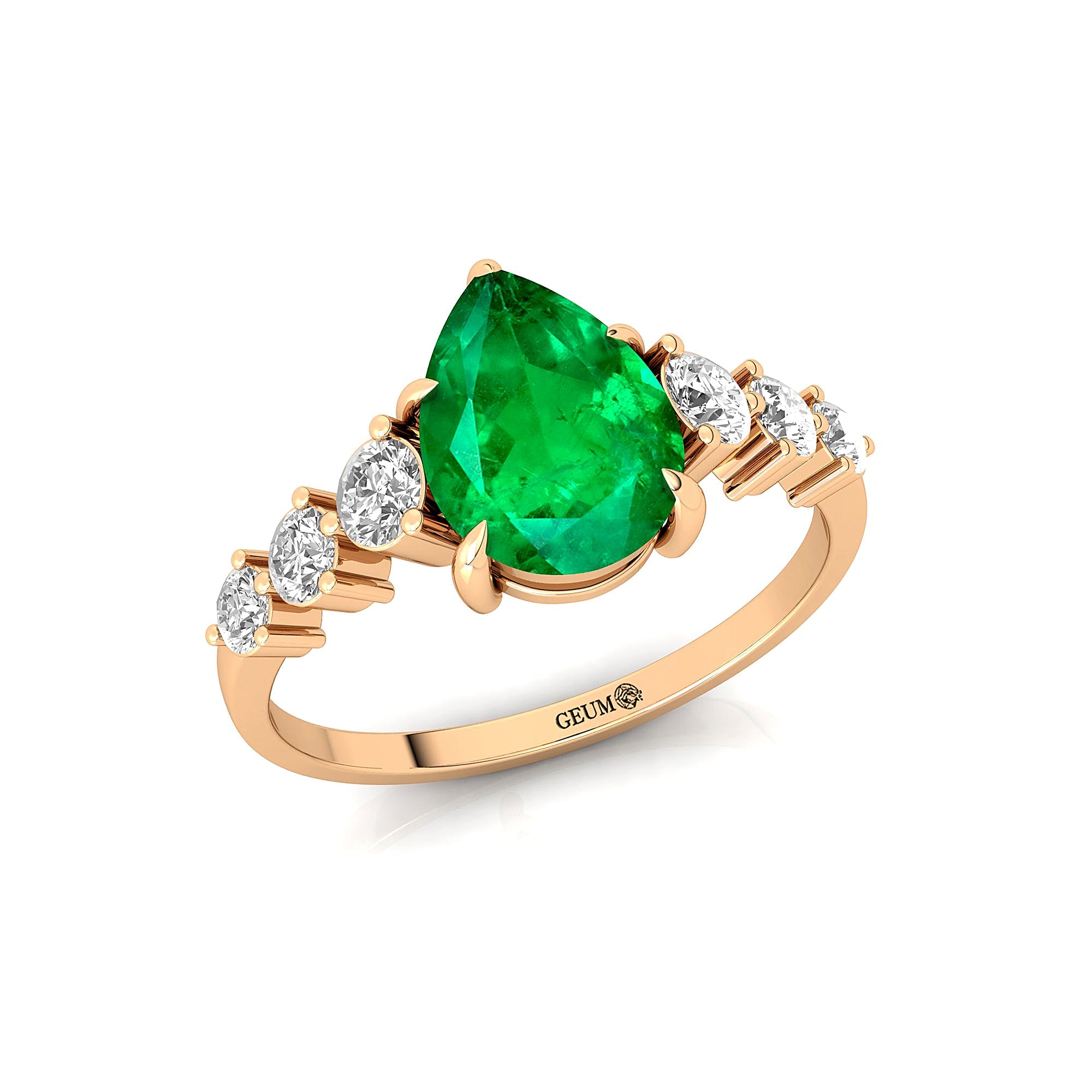 Pear Cut Emerald with Graduated Diamonds Ring - GeumJewels
