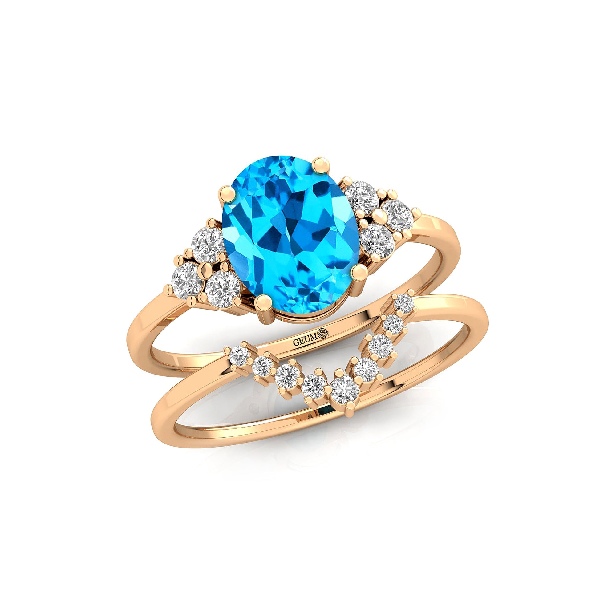 Swiss Topaz Solitaire Gold Ring With Stackable Diamond Band - GeumJewels