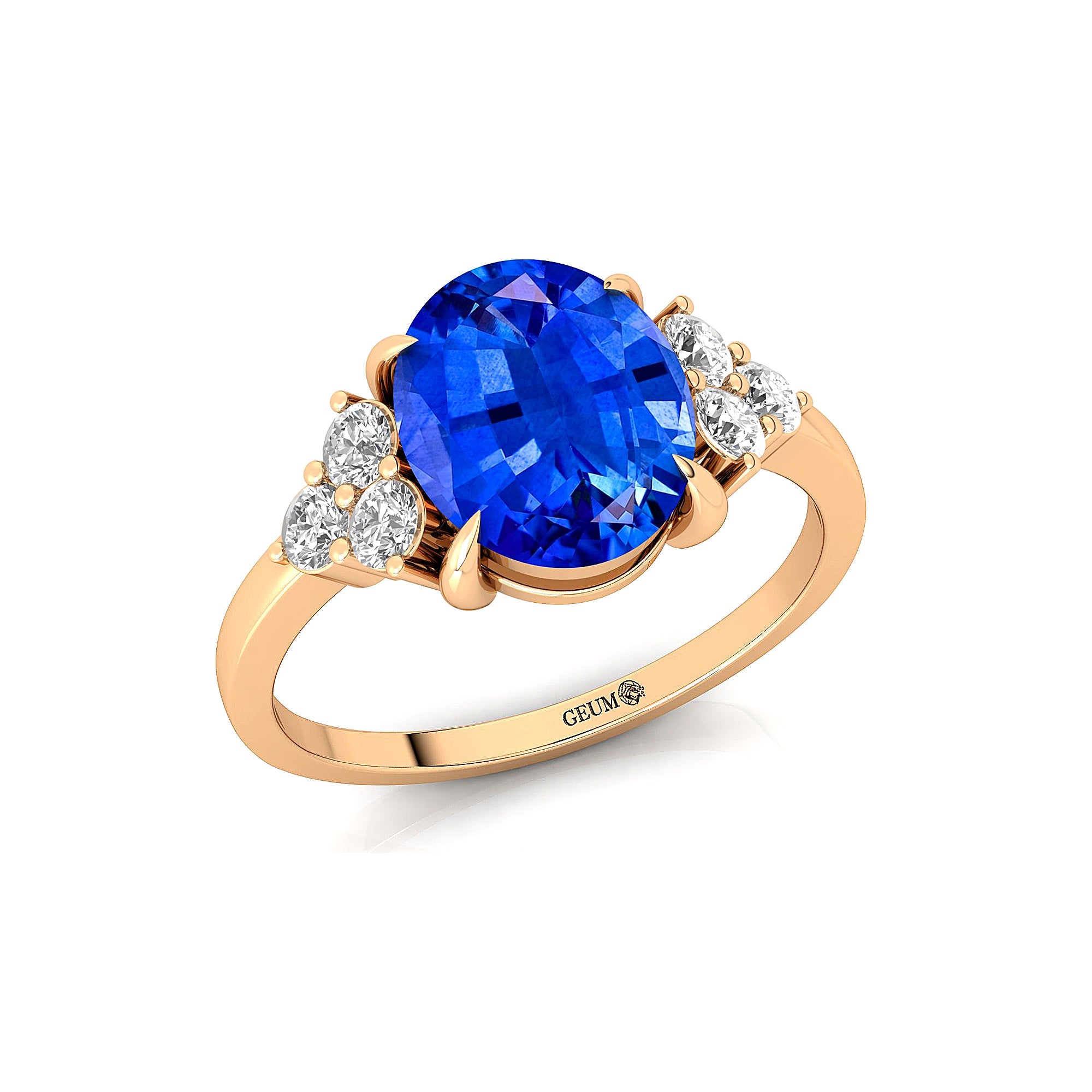 Trio Diamond Engagement Ring with Oval Cut Blue Sapphire - GeumJewels