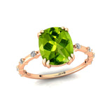 Cushion Cut Peridot Engagement Ring with Distant Diamond Band - GeumJewels