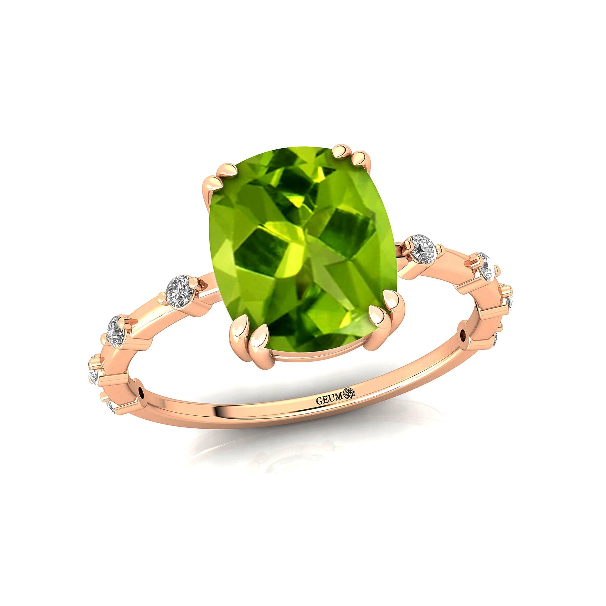Cushion Cut Peridot Engagement Ring with Distant Diamond Band - GeumJewels