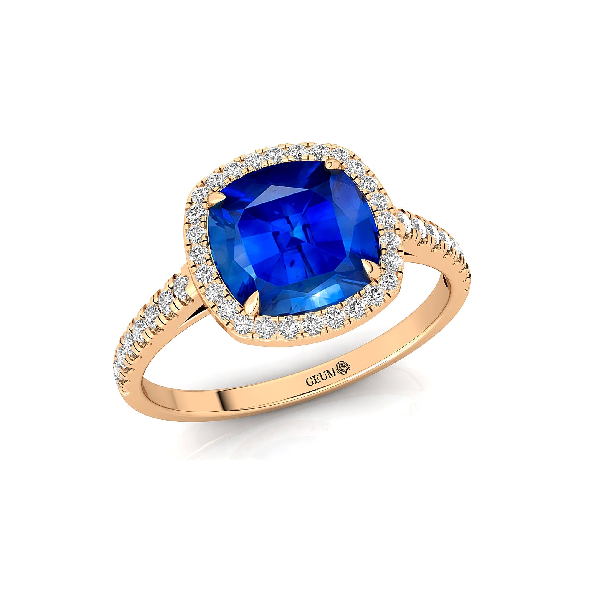 Halo Diamond Engagement Ring with Cushion Cut Blue Sapphire - GeumJewels