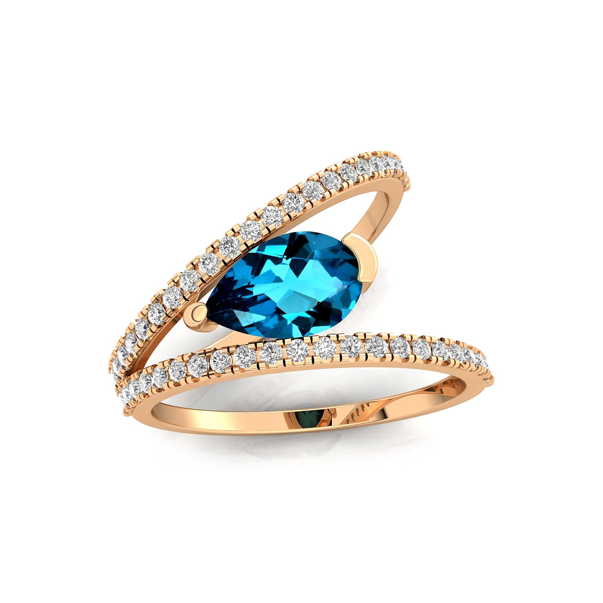 Fashionable V Shaped Diamond Ring with Pear Cut London Blue Topaz - GeumJewels