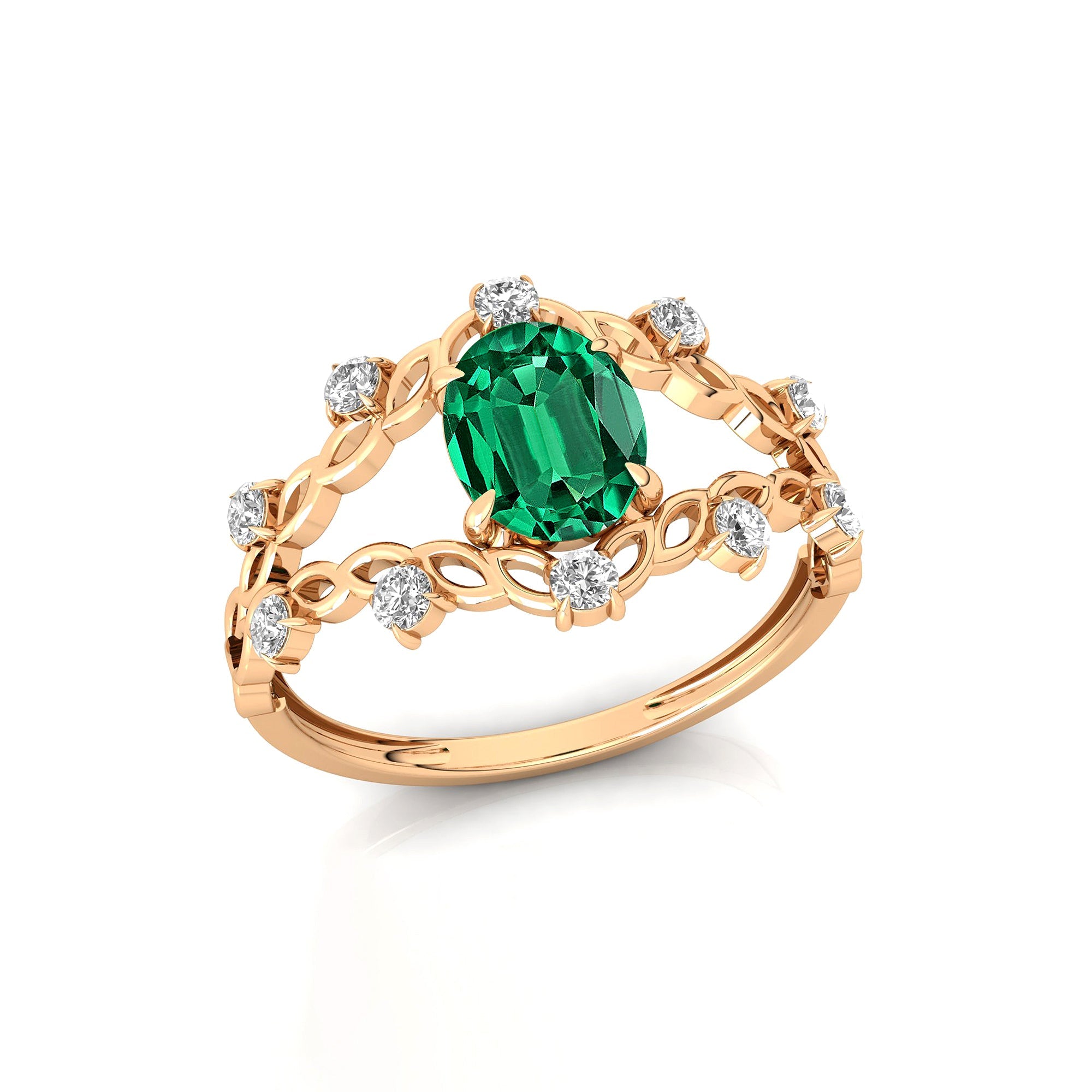 Flower Inspired Ring with Oval Shaped Emerald and Accent Diamonds - GeumJewels