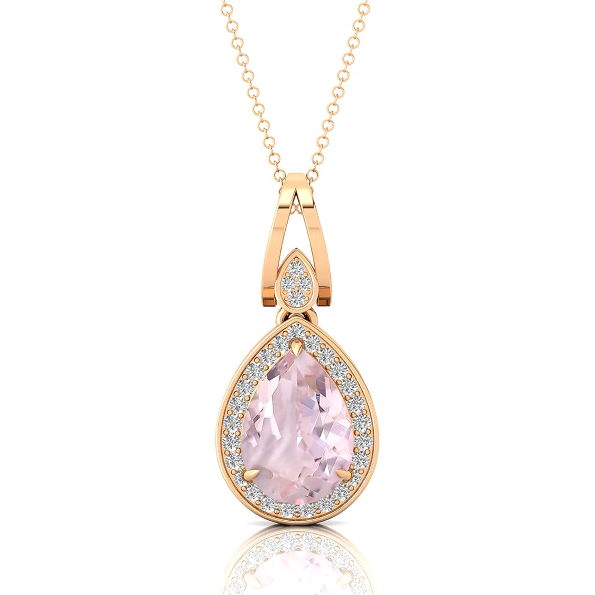 Classic Teardrop Shaped Morganite Halo Diamond Dangle Pendant - GeumJewels
