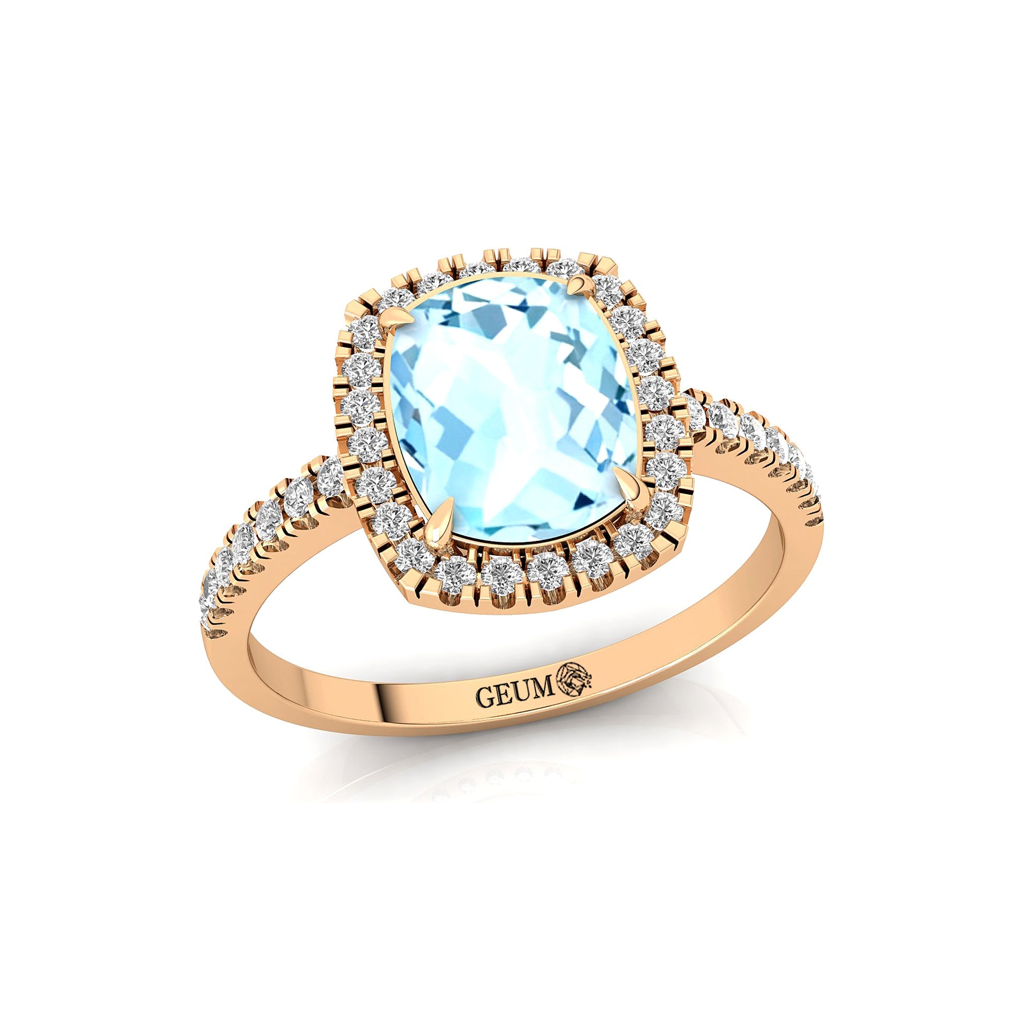 Elongated Cushion Halo Set Aquamarine Engagement Ring with Diamond Band - GeumJewels