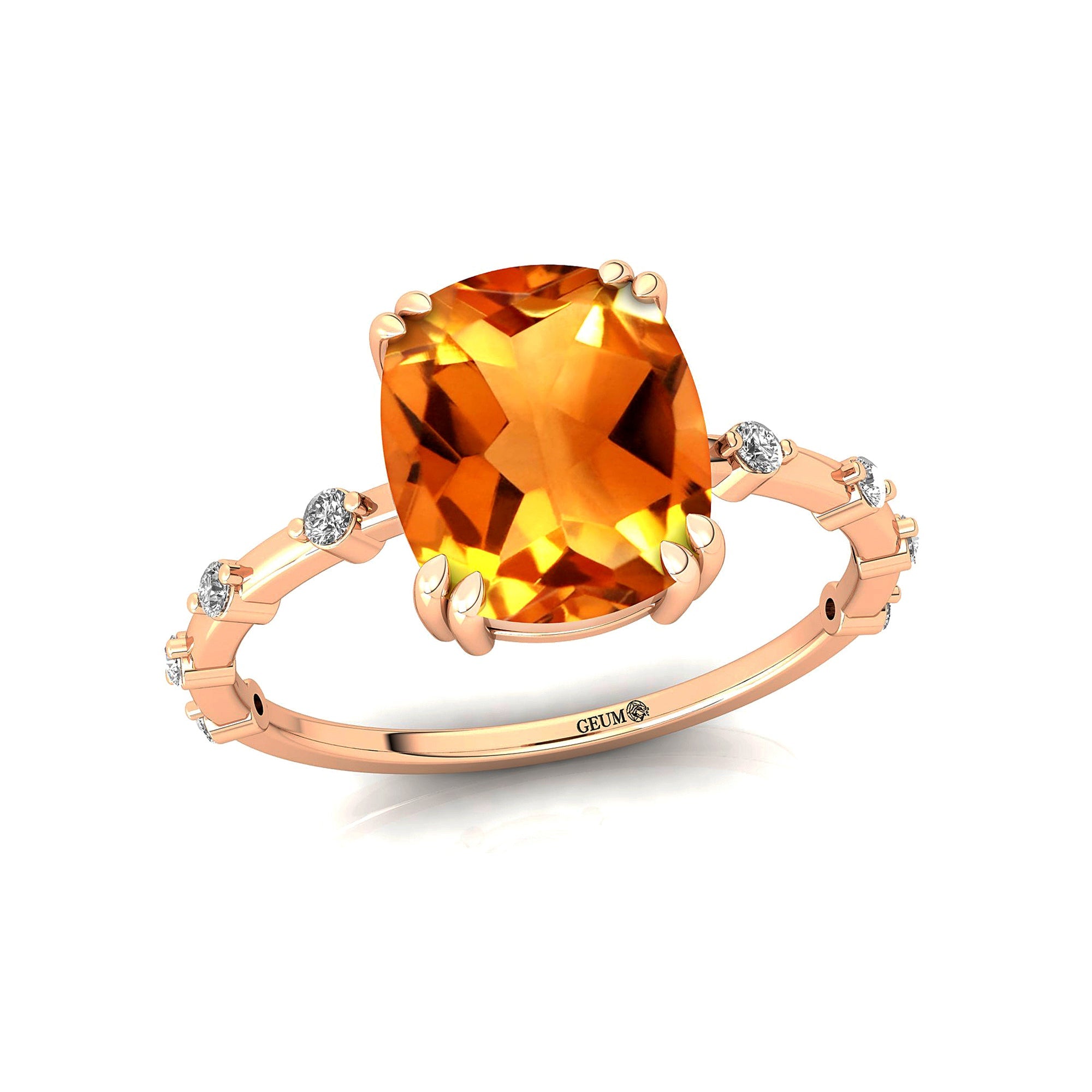 Cushion Cut Citrine Engagement Ring with Distant Diamond Band - GeumJewels