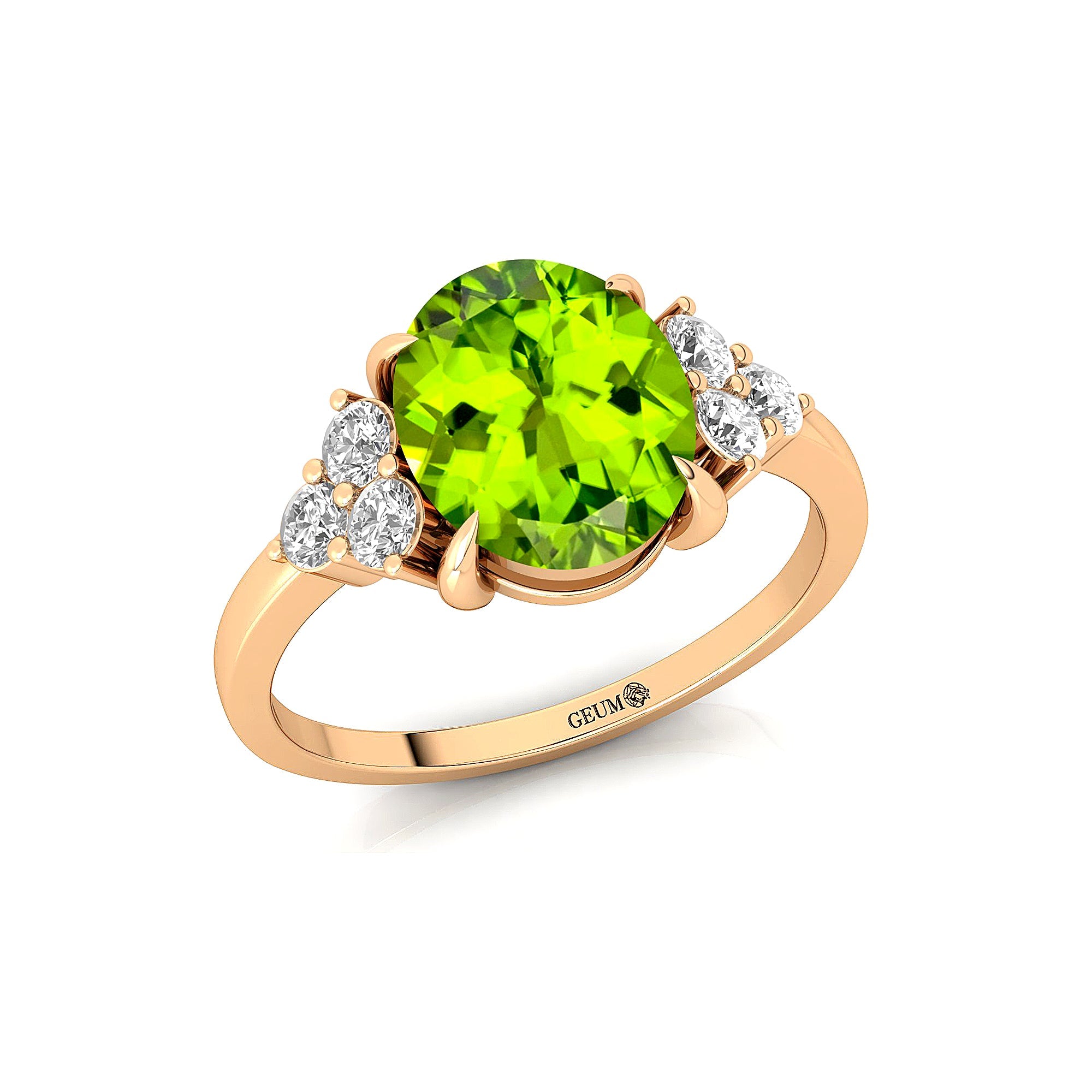 Trio Diamond Engagement Ring with Oval Cut Peridot - GeumJewels