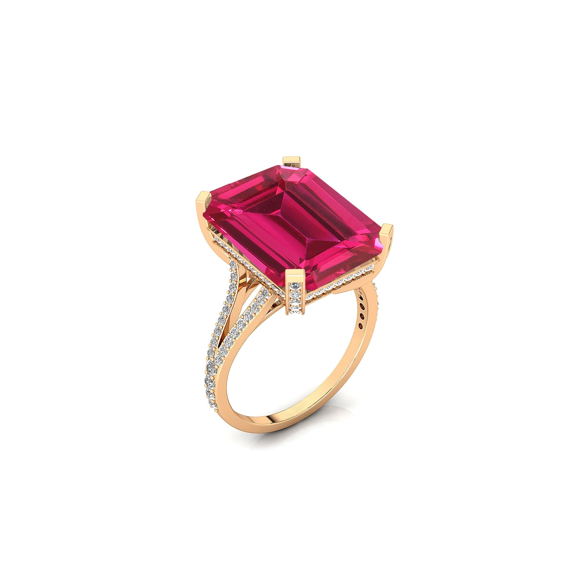 Emerald Cut Pink Sapphire Split Shank Engagement Ring with Diamonds - GeumJewels