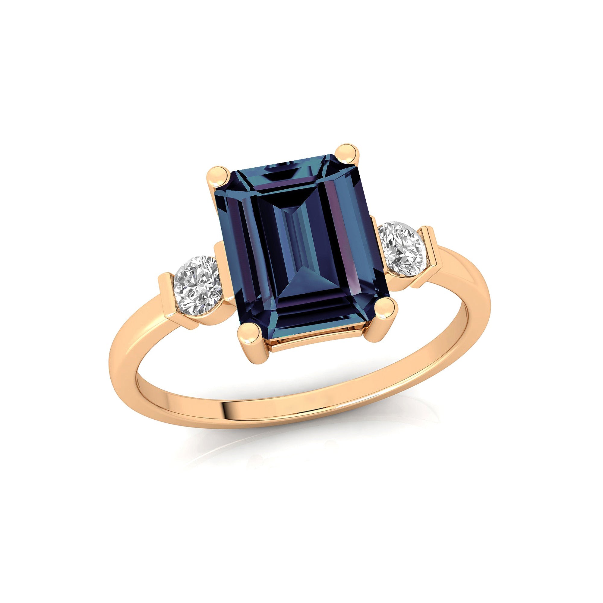 Emerald Cut Alexandrite and Diamond Three Stone Ring - GeumJewels