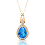 Classic Teardrop Shaped Swiss Blue Topaz Halo Diamond Dangle Pendant - GeumJewels