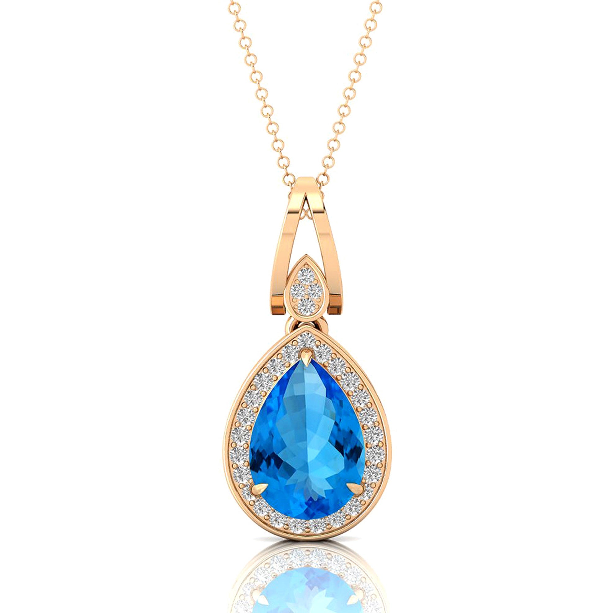 Classic Teardrop Shaped Swiss Blue Topaz Halo Diamond Dangle Pendant - GeumJewels