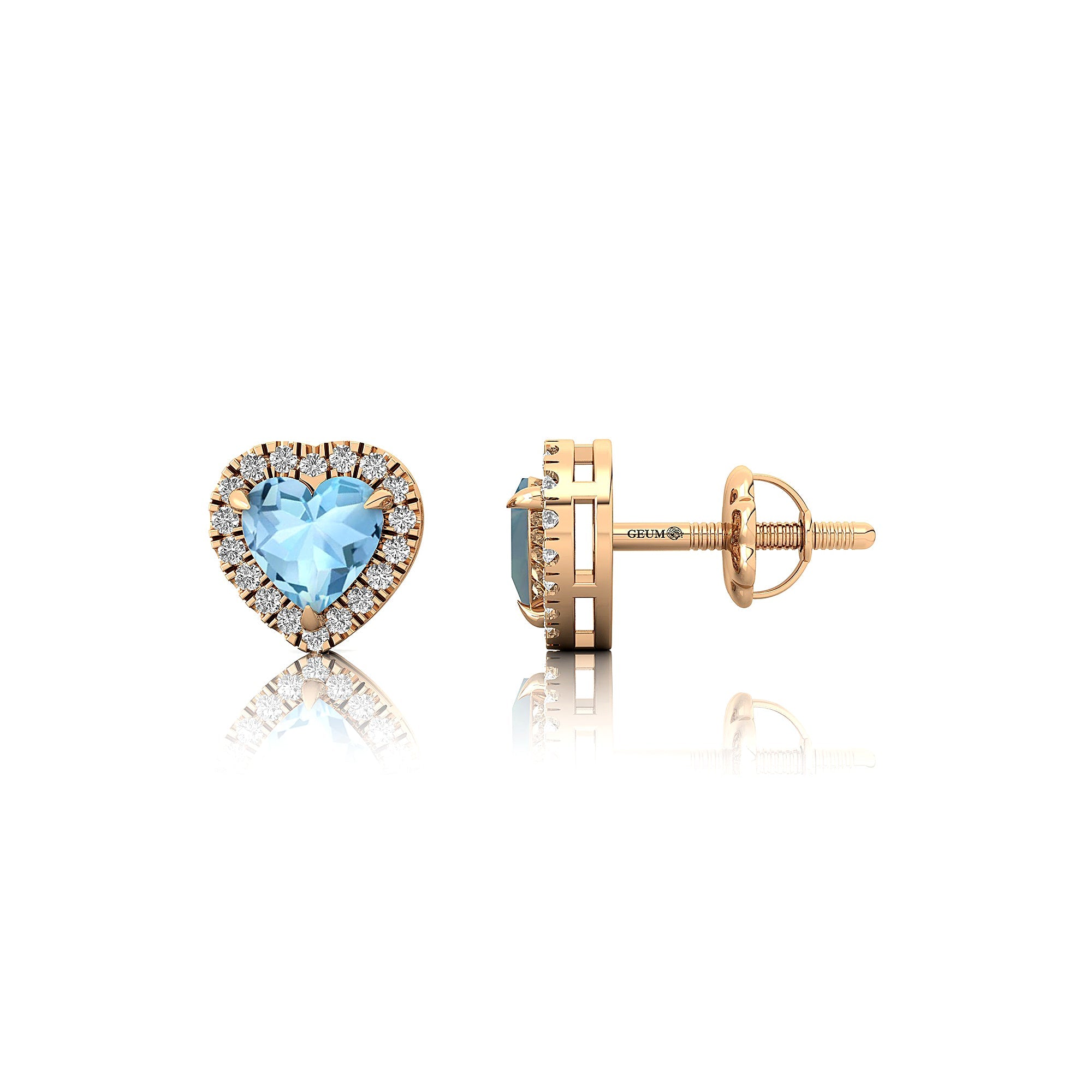 Heart Shaped Aquamarine Halo Diamond Stud Earrings - GeumJewels
