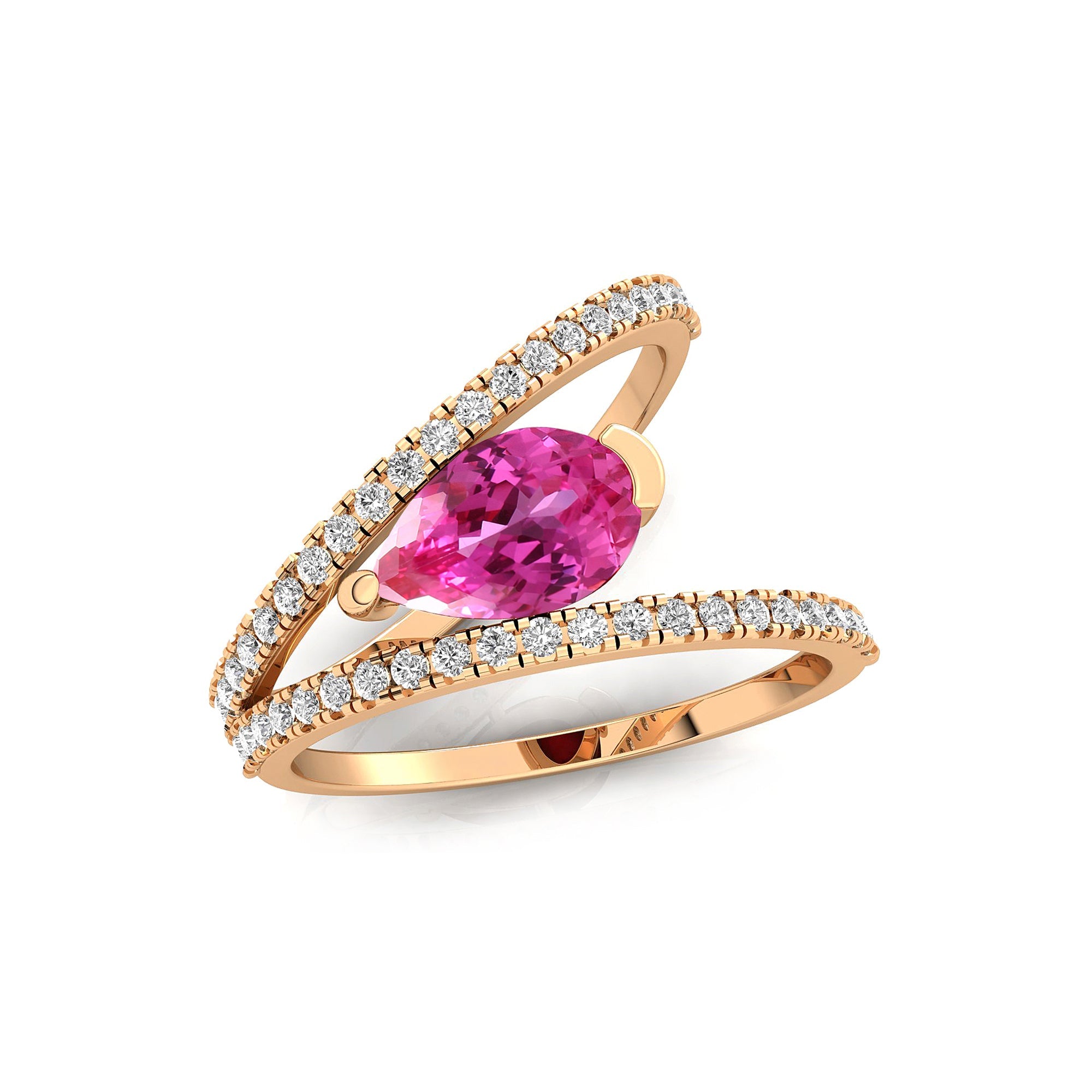 Fashionable V Shaped Diamond Ring with Pear Cut Pink Sapphire - GeumJewels