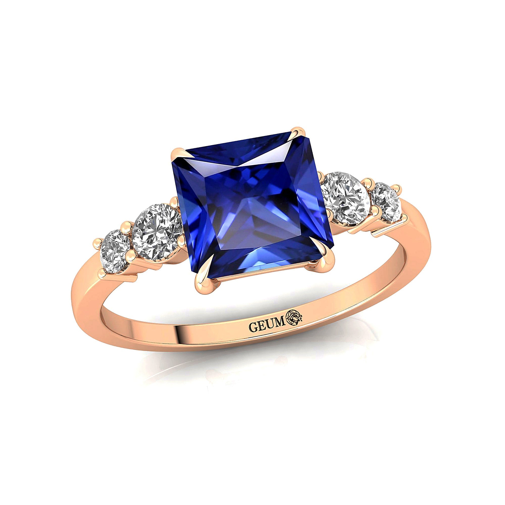 Princess Cut Blue Sapphire Graduating Accent Diamond Ring - GeumJewels