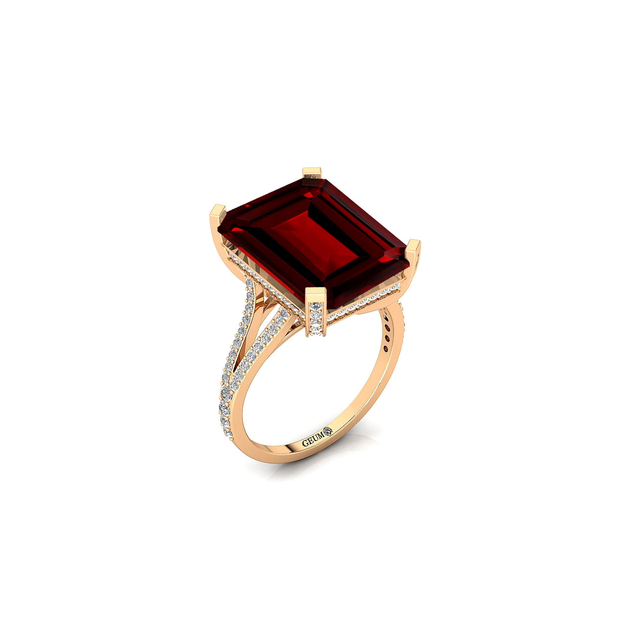 Emerald Cut Garnet Split Shank Engagement Ring with Diamonds - GeumJewels