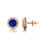 Round Solitaire Blue Sapphire Halo Diamond Stud Earrings - GeumJewels