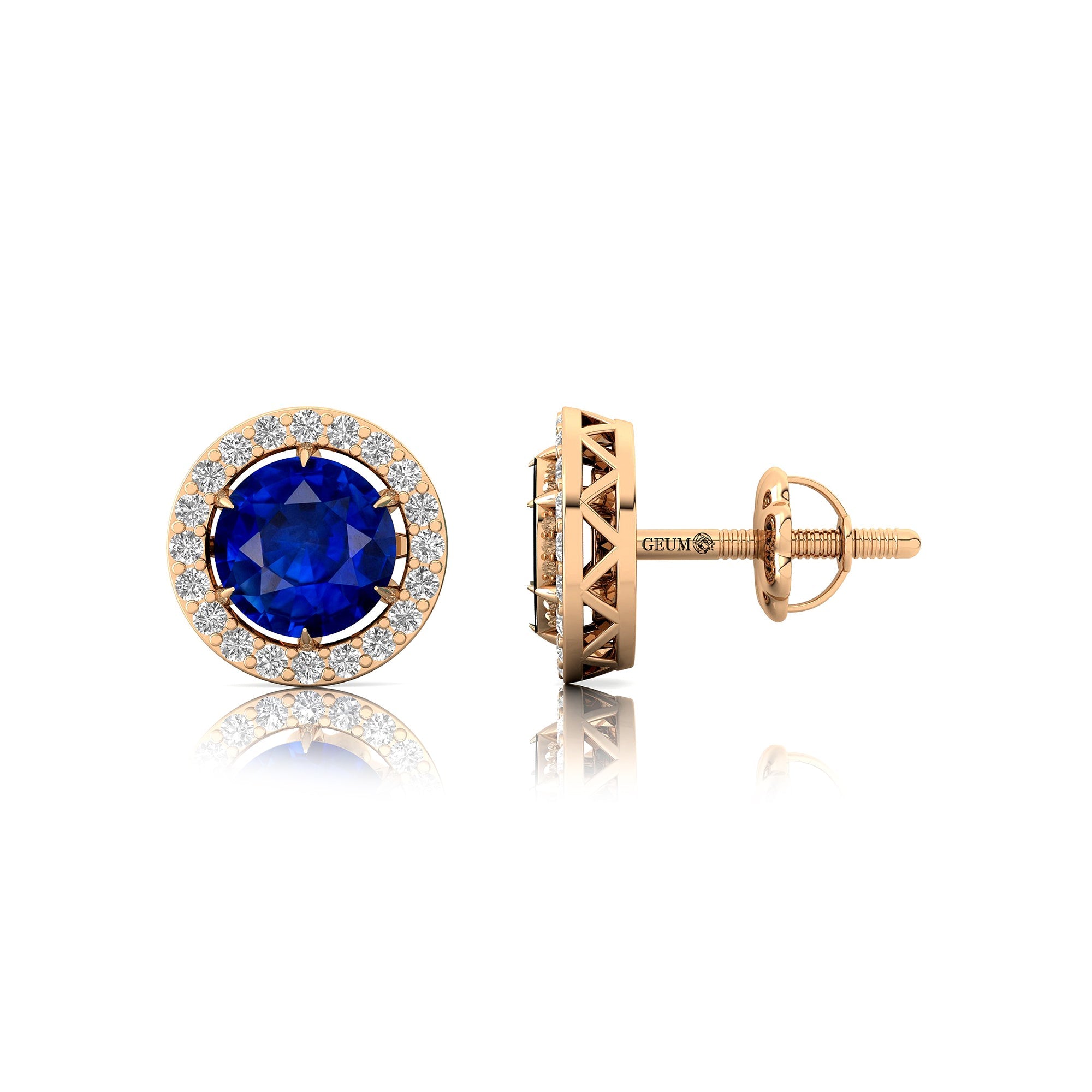 Round Solitaire Blue Sapphire Halo Diamond Stud Earrings - GeumJewels