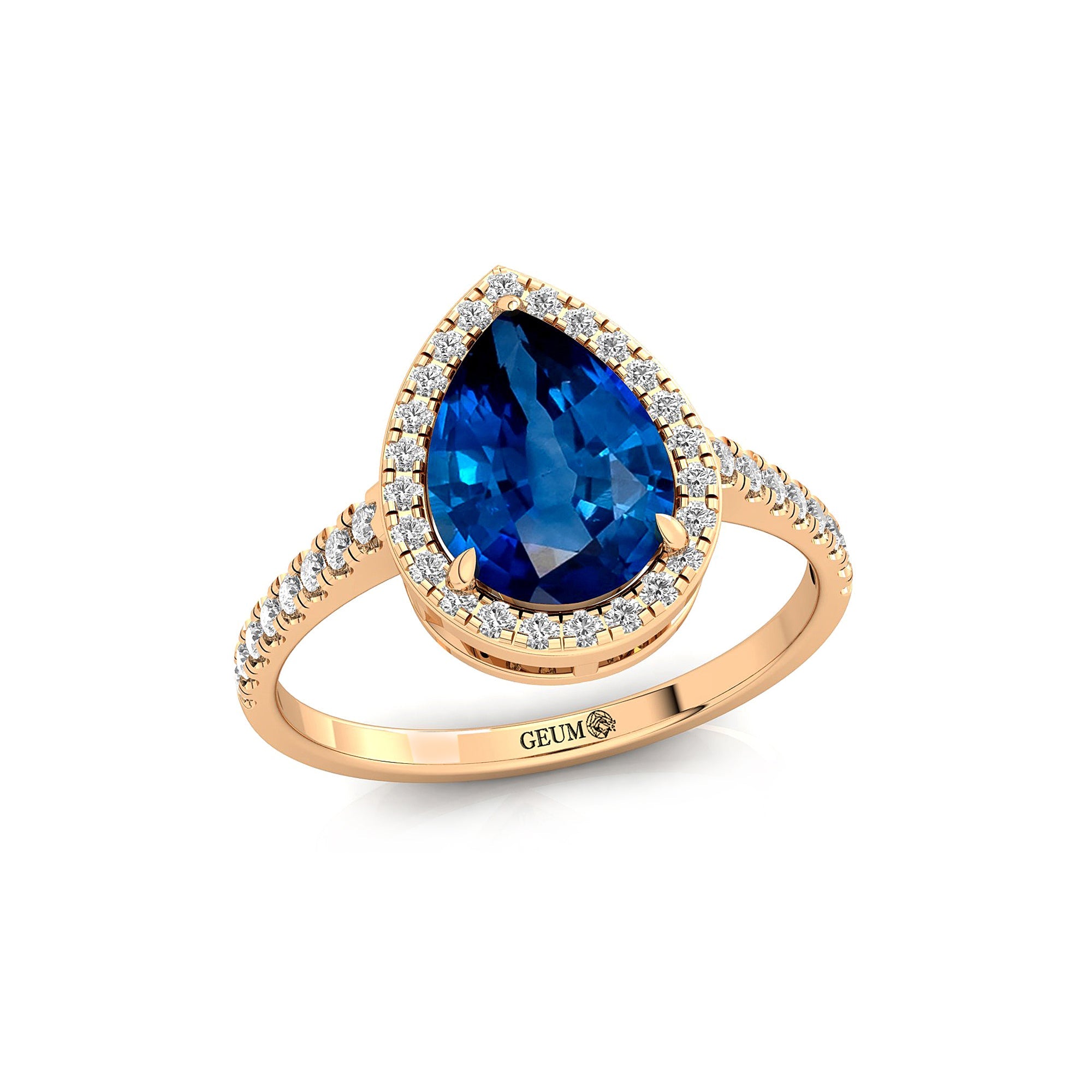 Classic Pear Shaped Blue Sapphire Halo Diamond Engagement Ring - GeumJewels