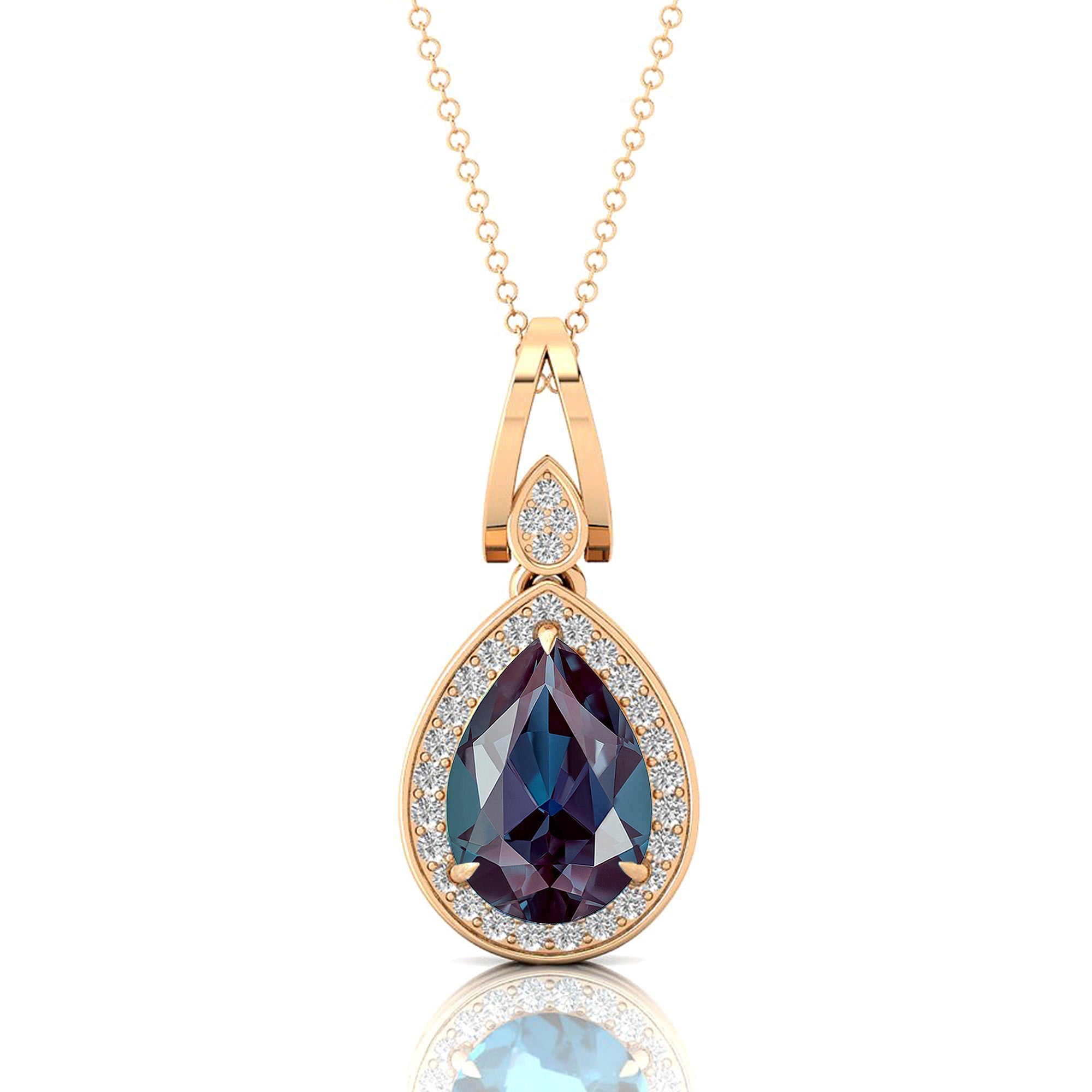 Classic Teardrop Shaped Alexandrite Halo Diamond Dangle Pendant - GeumJewels