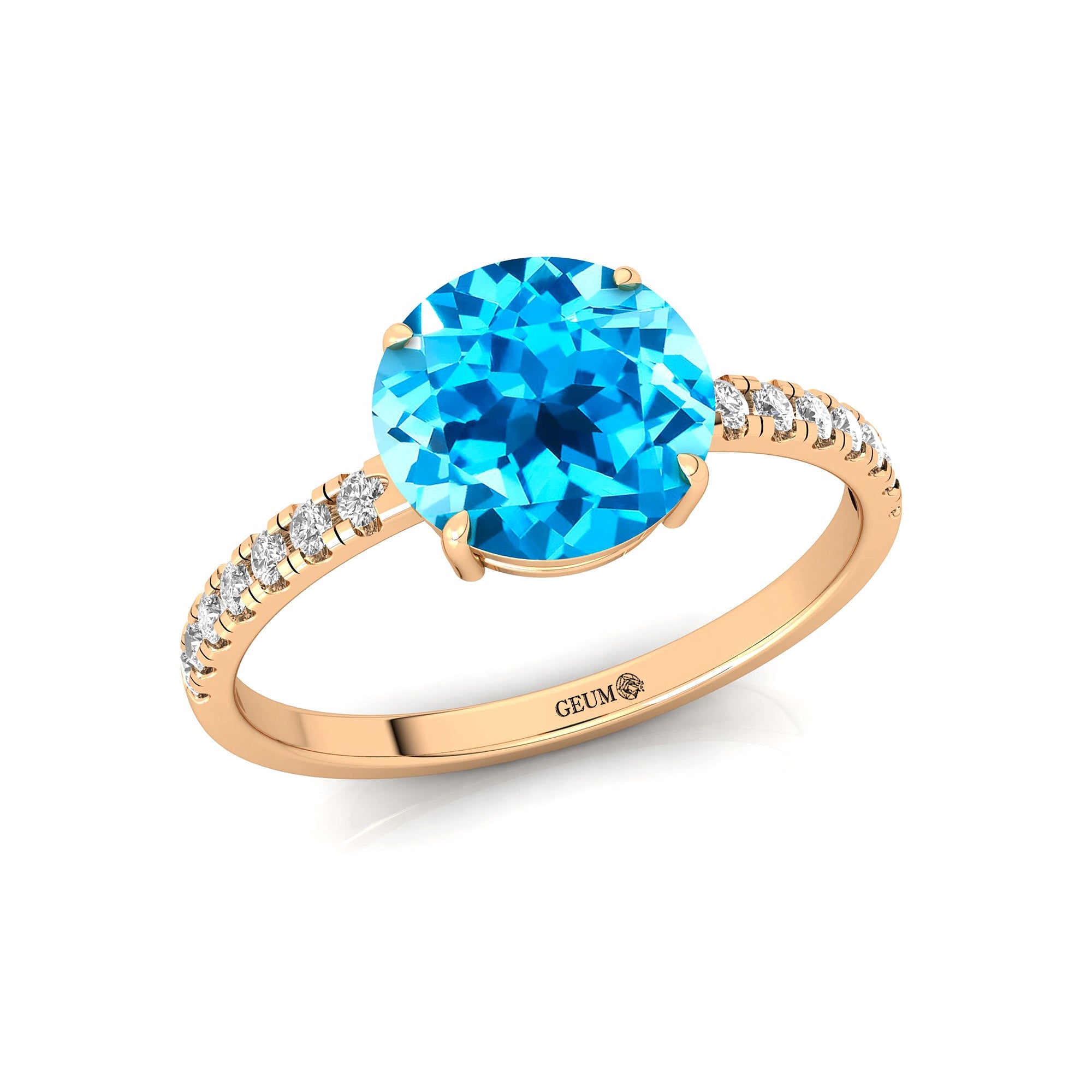 Classic Six Prong Round Solitaire Swiss Blue Topaz Ring with Accent Diamond Band - GeumJewels