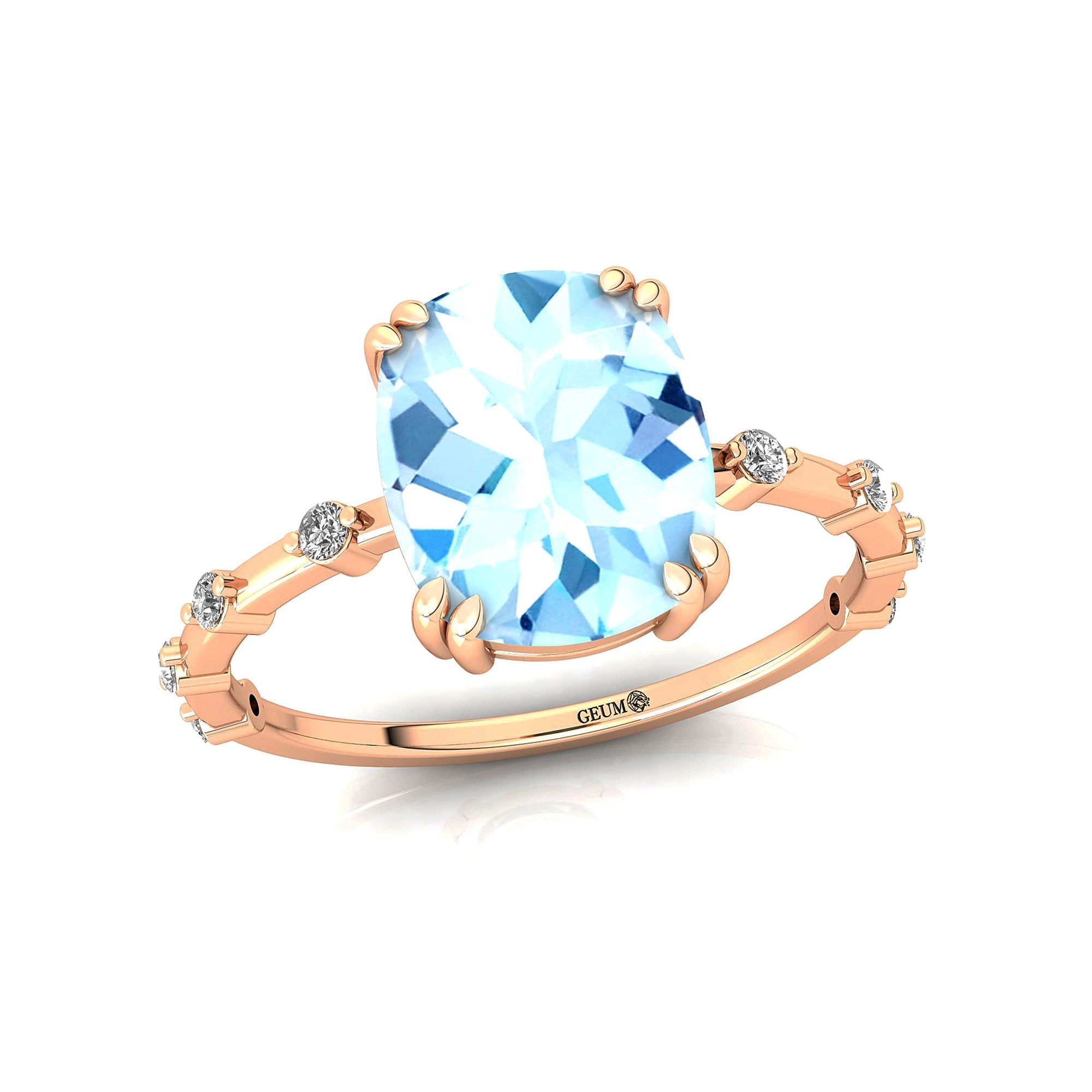 Cushion Cut Aquamarine Engagement Ring with Distant Diamond Band - GeumJewels