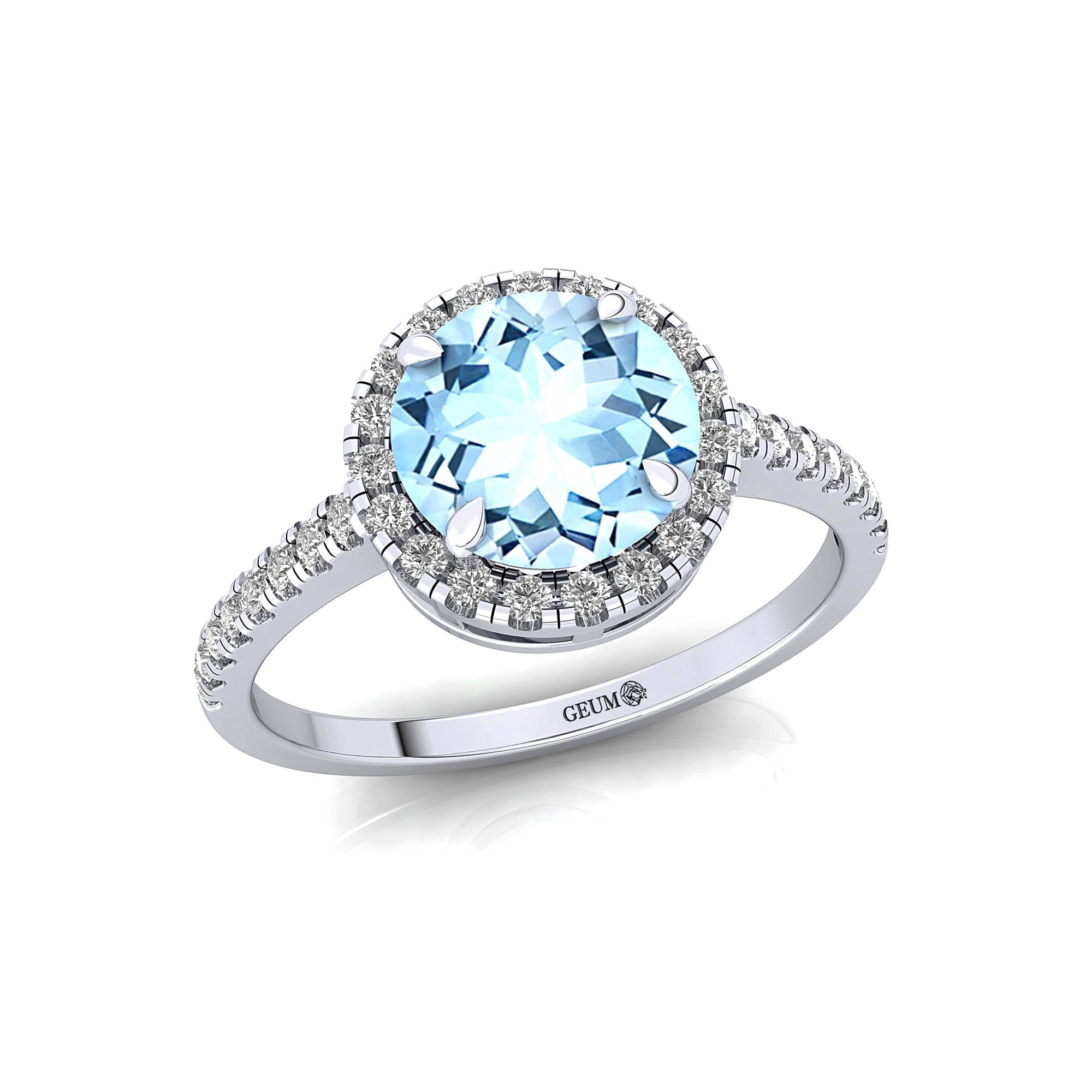 Classic Round Halo Diamonds with Solitaire Aquamarine Engagement Ring - GeumJewels
