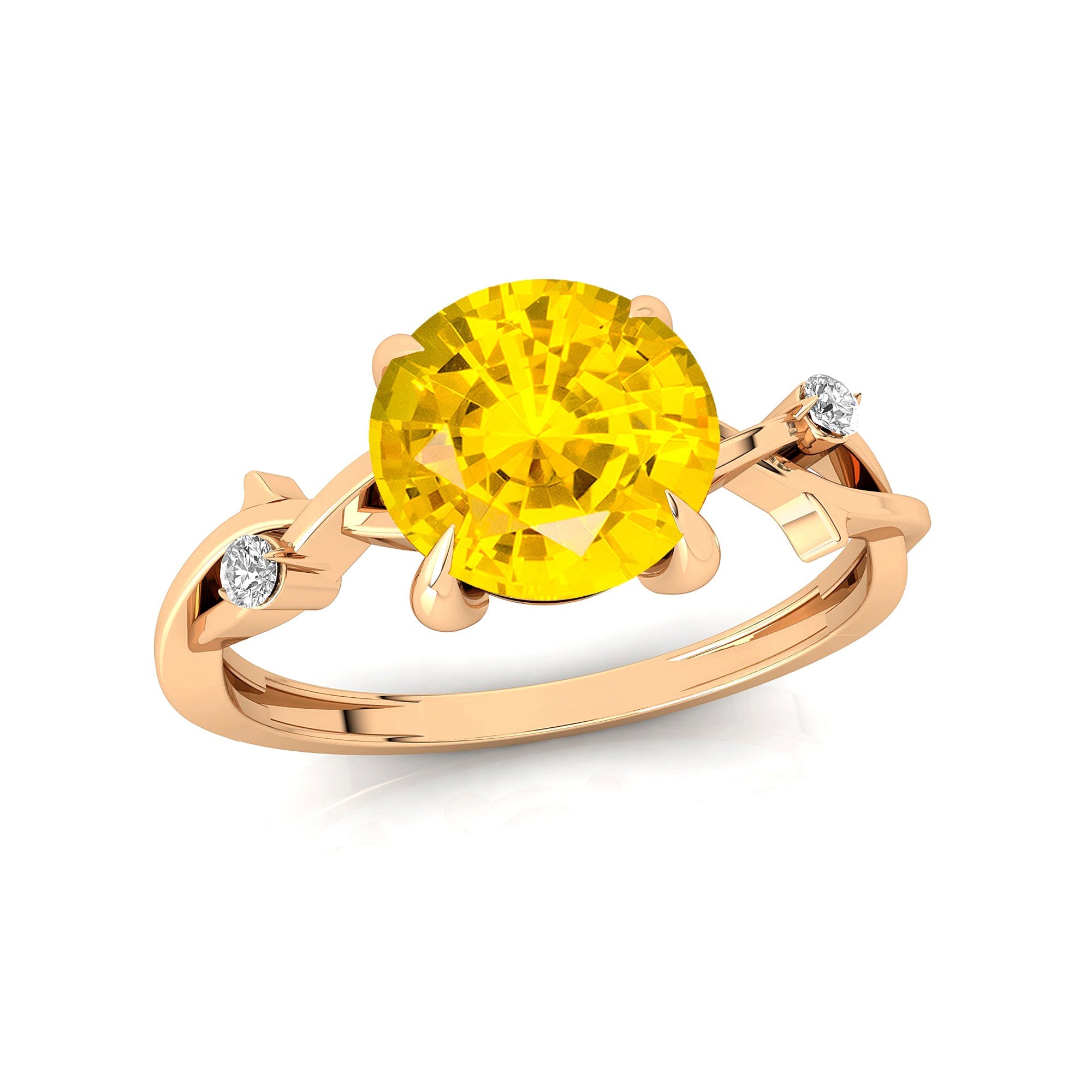 Criss Cross Nature Inspired Diamond Ring  with Round Yellow Sapphire - GeumJewels