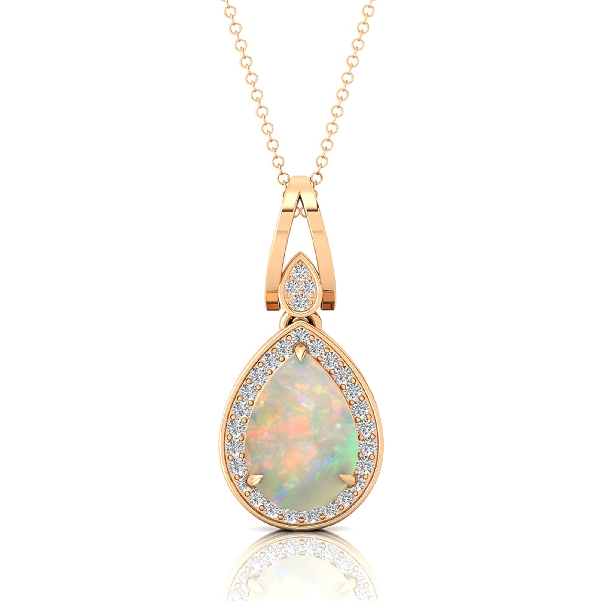 Classic Teardrop Shaped Opal Halo Diamond Dangle Pendant - GeumJewels