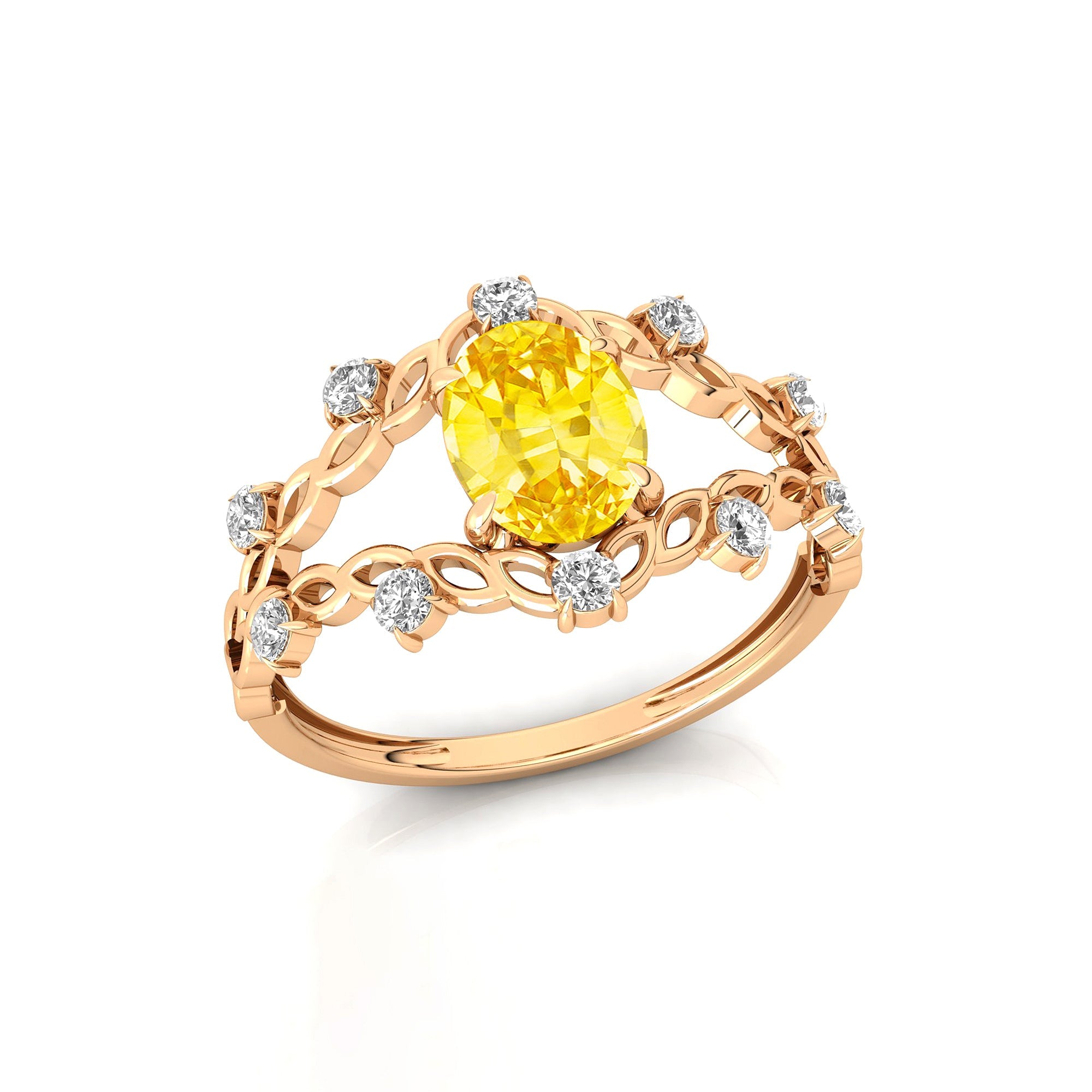Flower Inspired Ring with Oval Shaped Yellow Sapphire and Accent Diamonds - GeumJewels