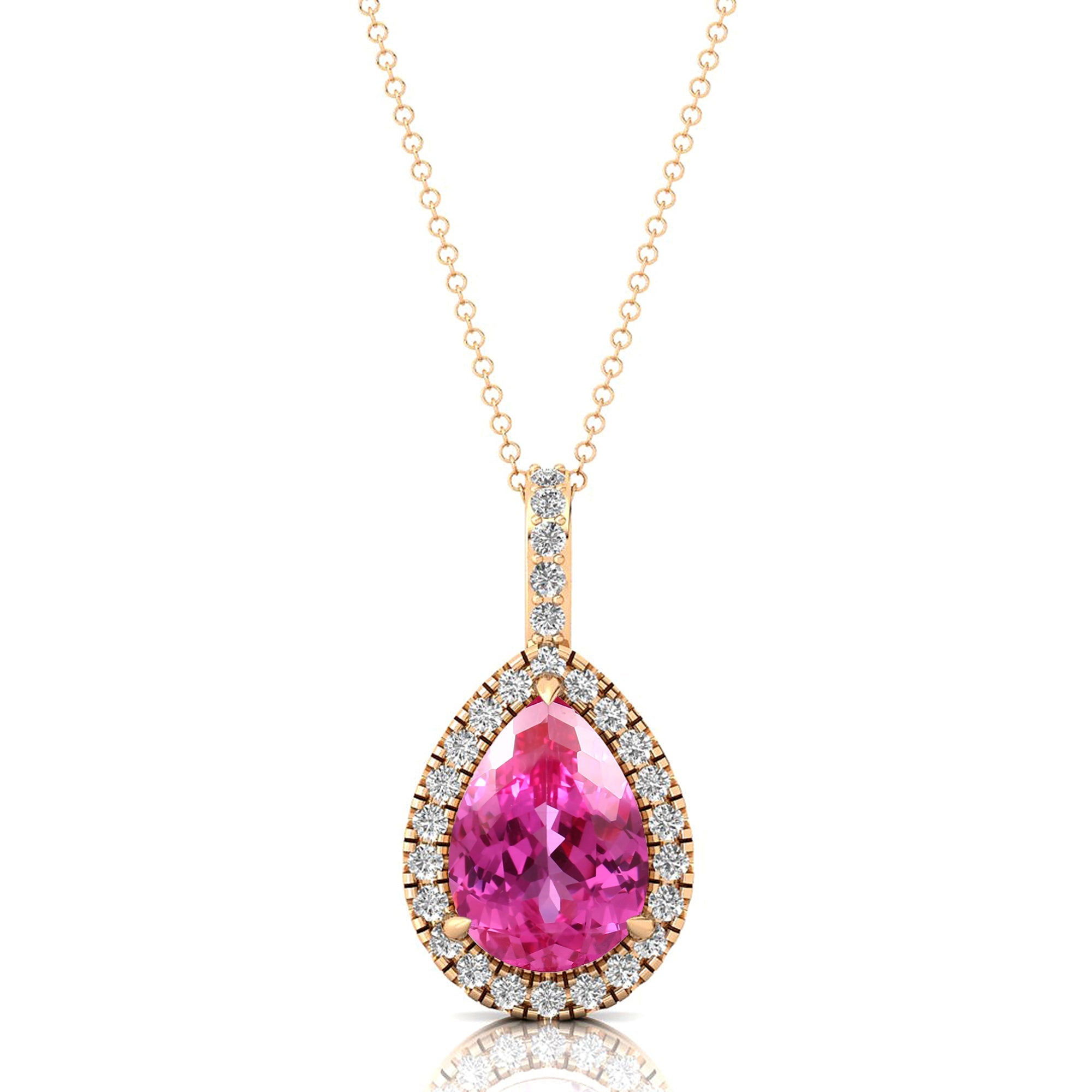 Pink Sapphire Teardrop Pendant with Diamond Halo - GeumJewels